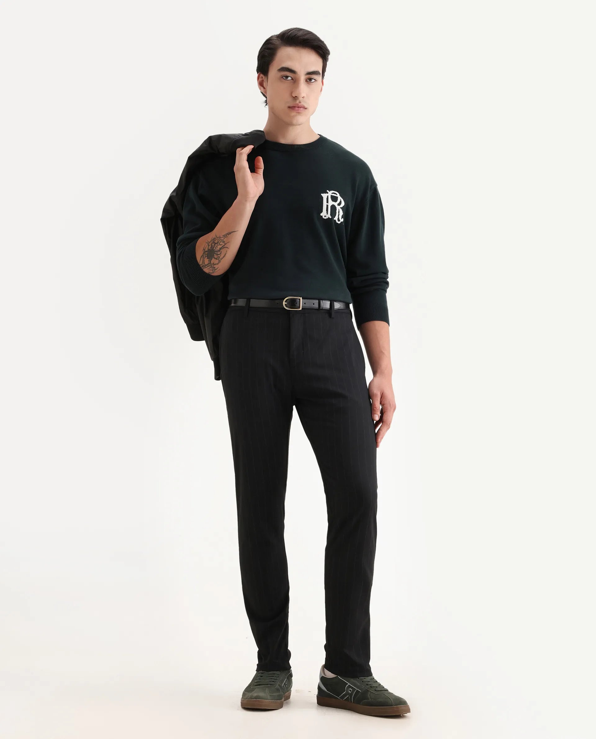 Rare Rabbit Men's Piper Navy Polyester Striped Print Regular Fit Trouser