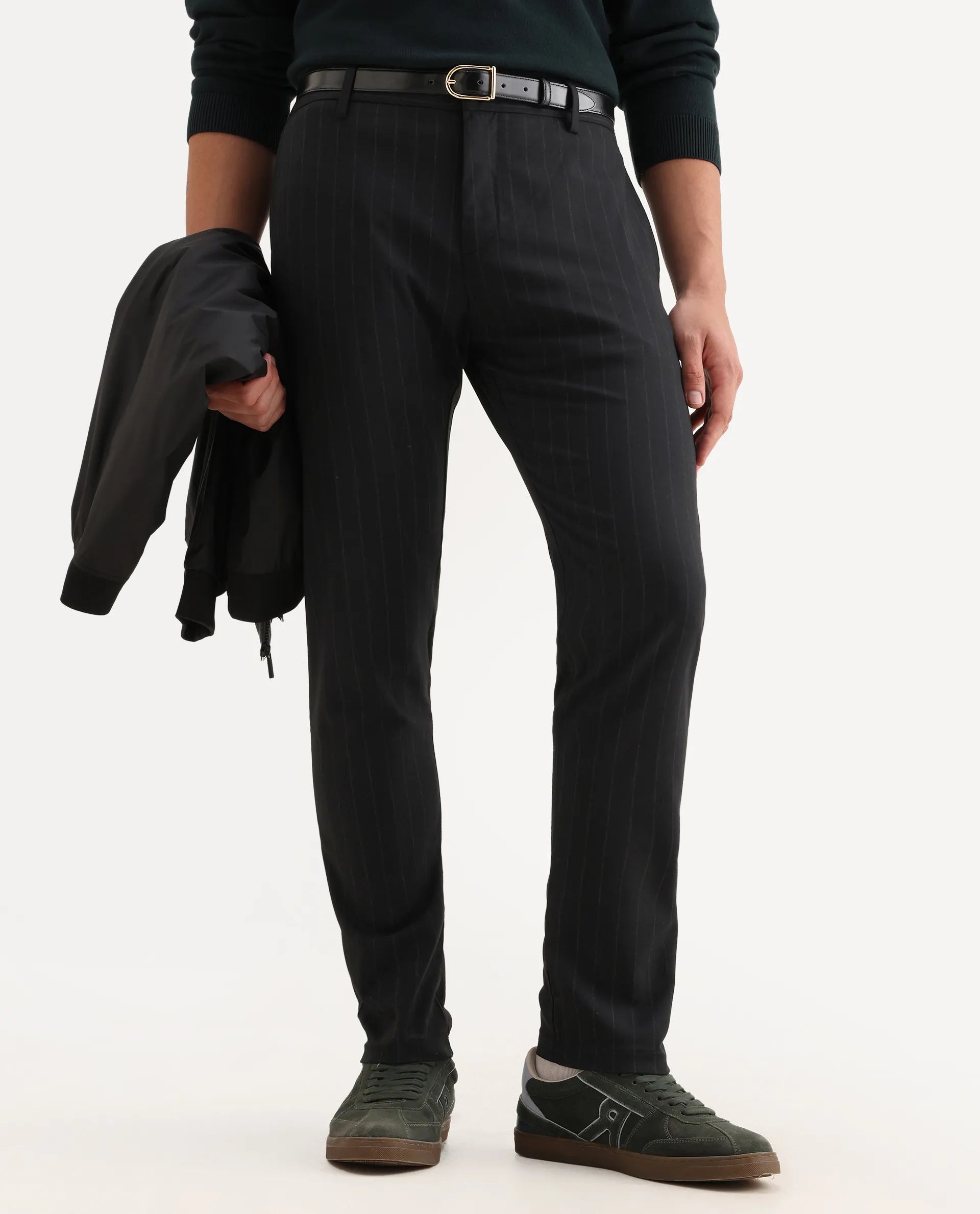 Rare Rabbit Men's Piper Navy Polyester Striped Print Regular Fit Trouser