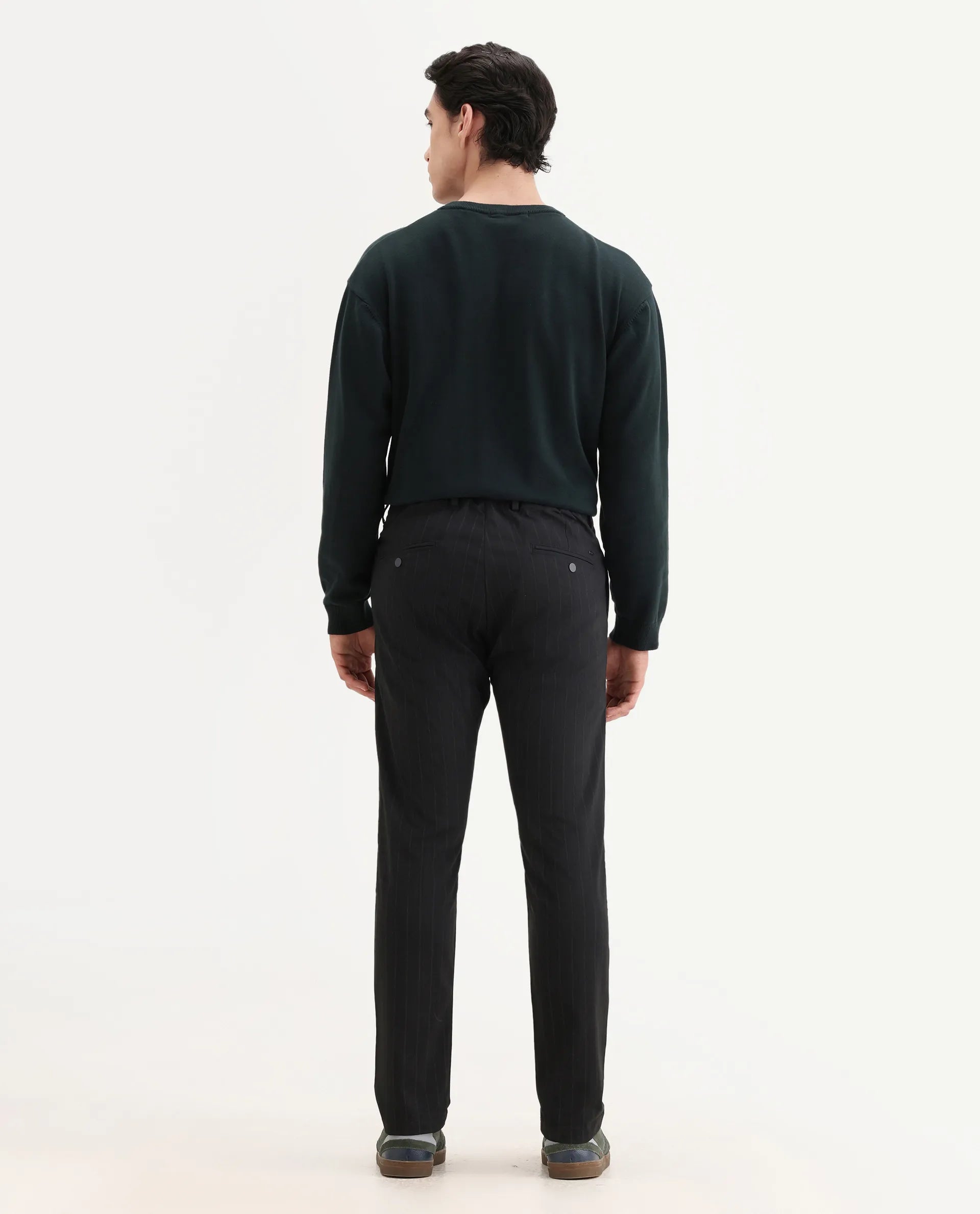 Rare Rabbit Men's Piper Navy Polyester Striped Print Regular Fit Trouser