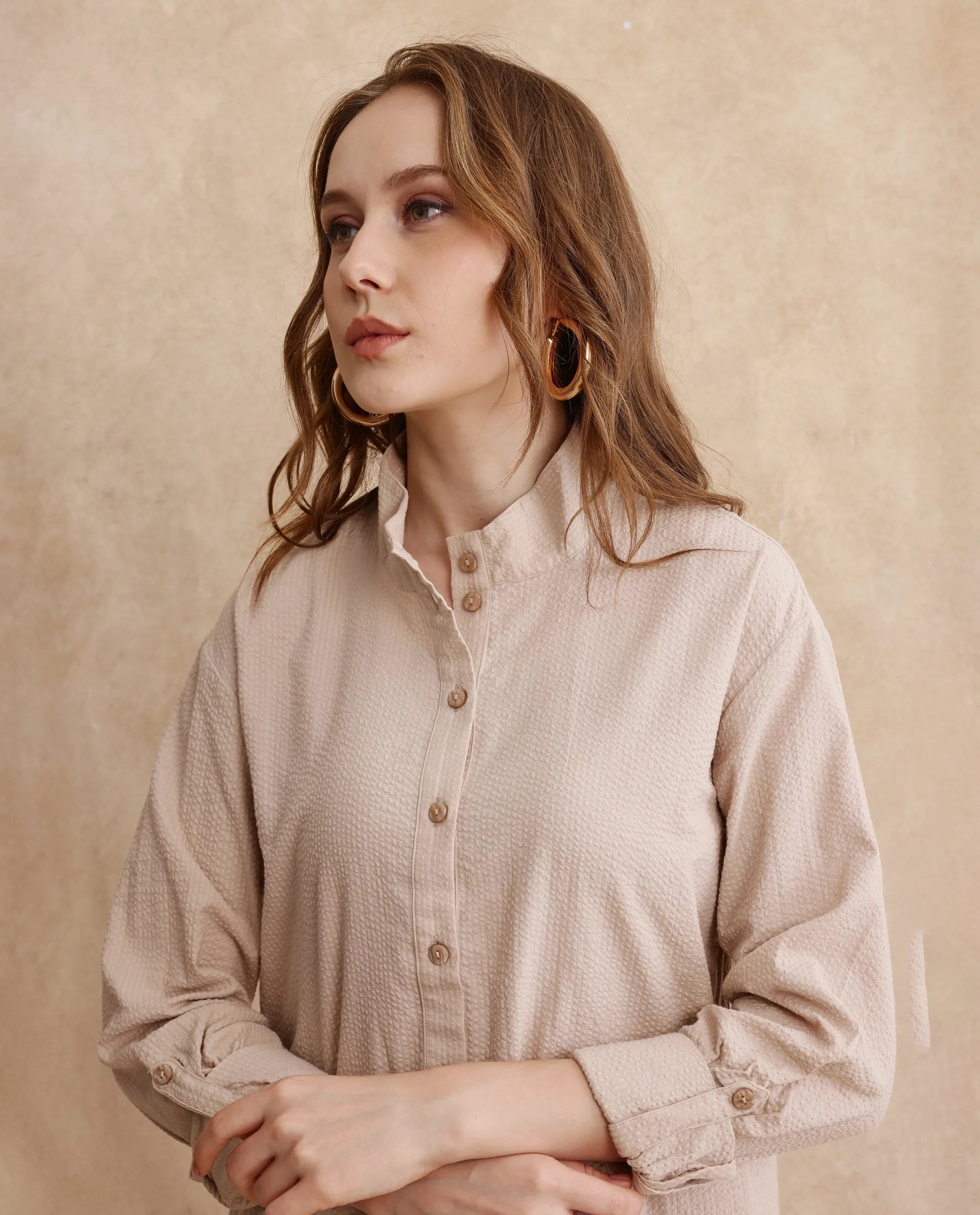 Rareism Women Pipti Beige Cuffed Sleeve Collared Neck Button Closure Plain Shirt