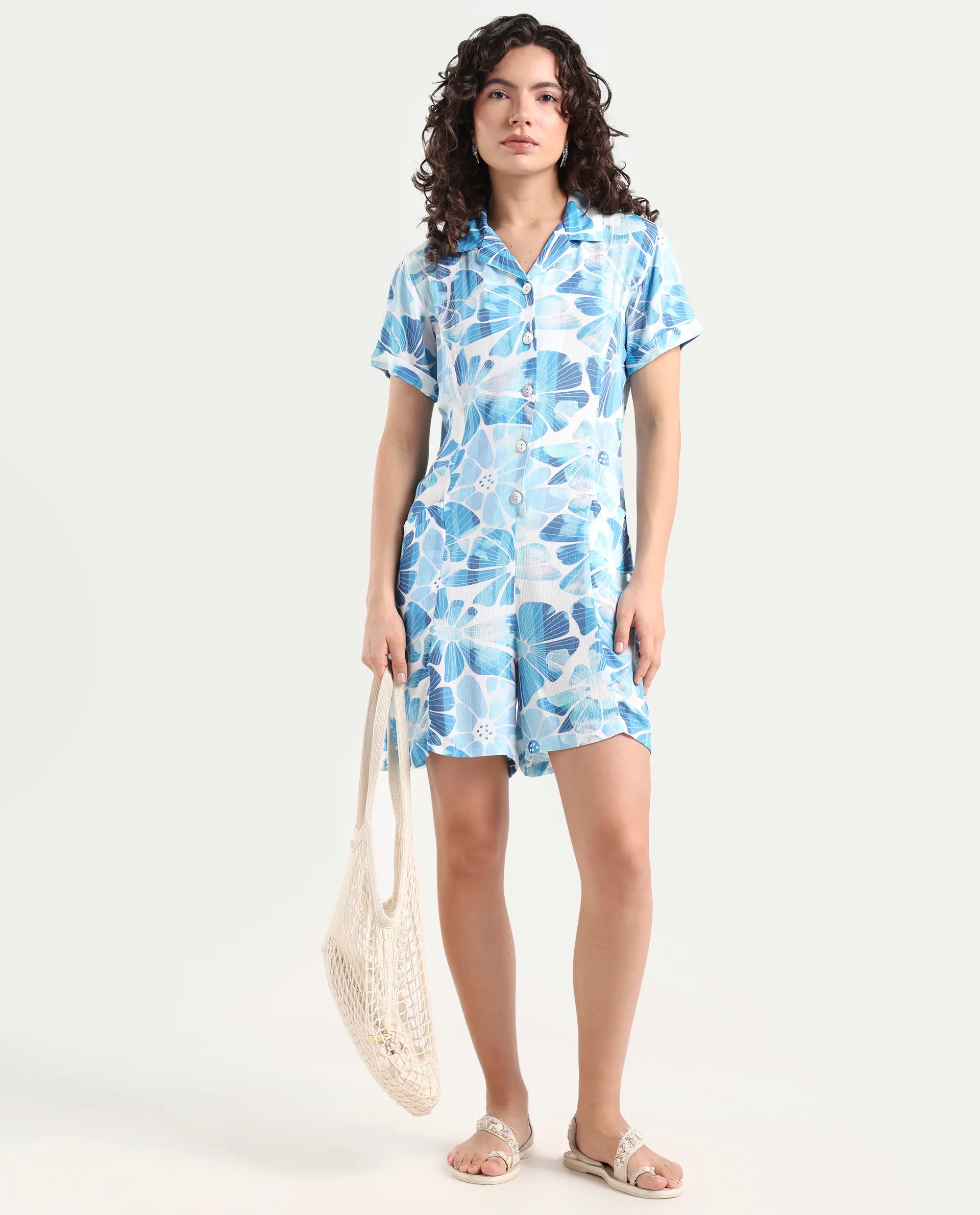 Rareism Women's Pisa Light Blue Rayon Lapel Neck Floral Print Knee Length Regular Fit Dress