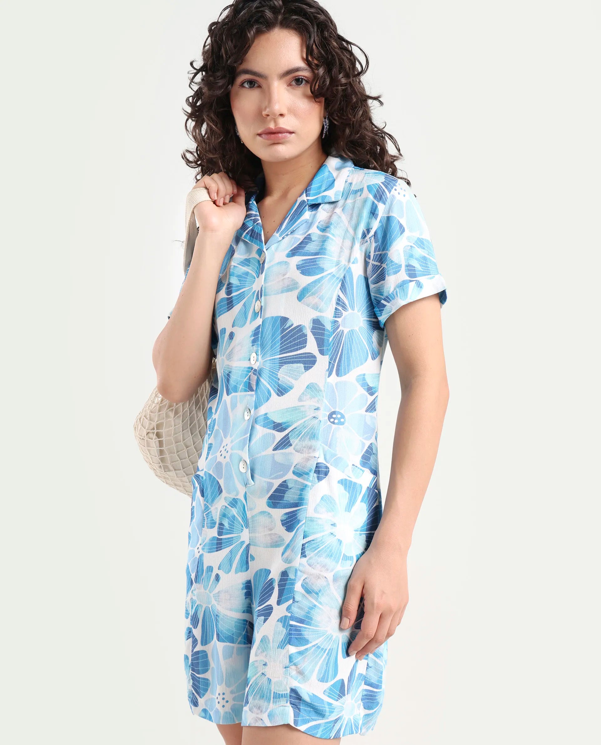 Rareism Women's Pisa Light Blue Rayon Lapel Neck Floral Print Knee Length Regular Fit Dress