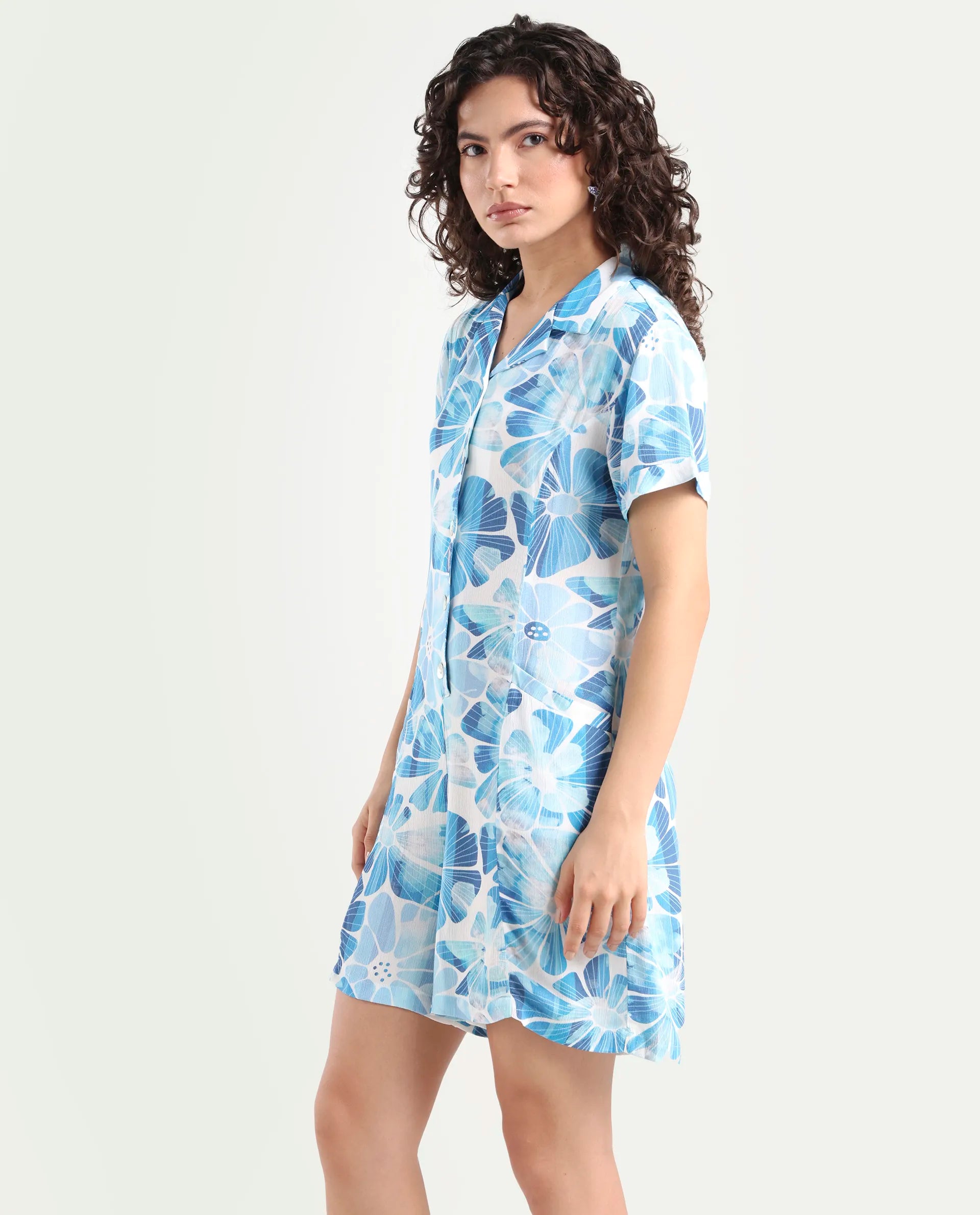 Rareism Women's Pisa Light Blue Rayon Lapel Neck Floral Print Knee Length Regular Fit Dress