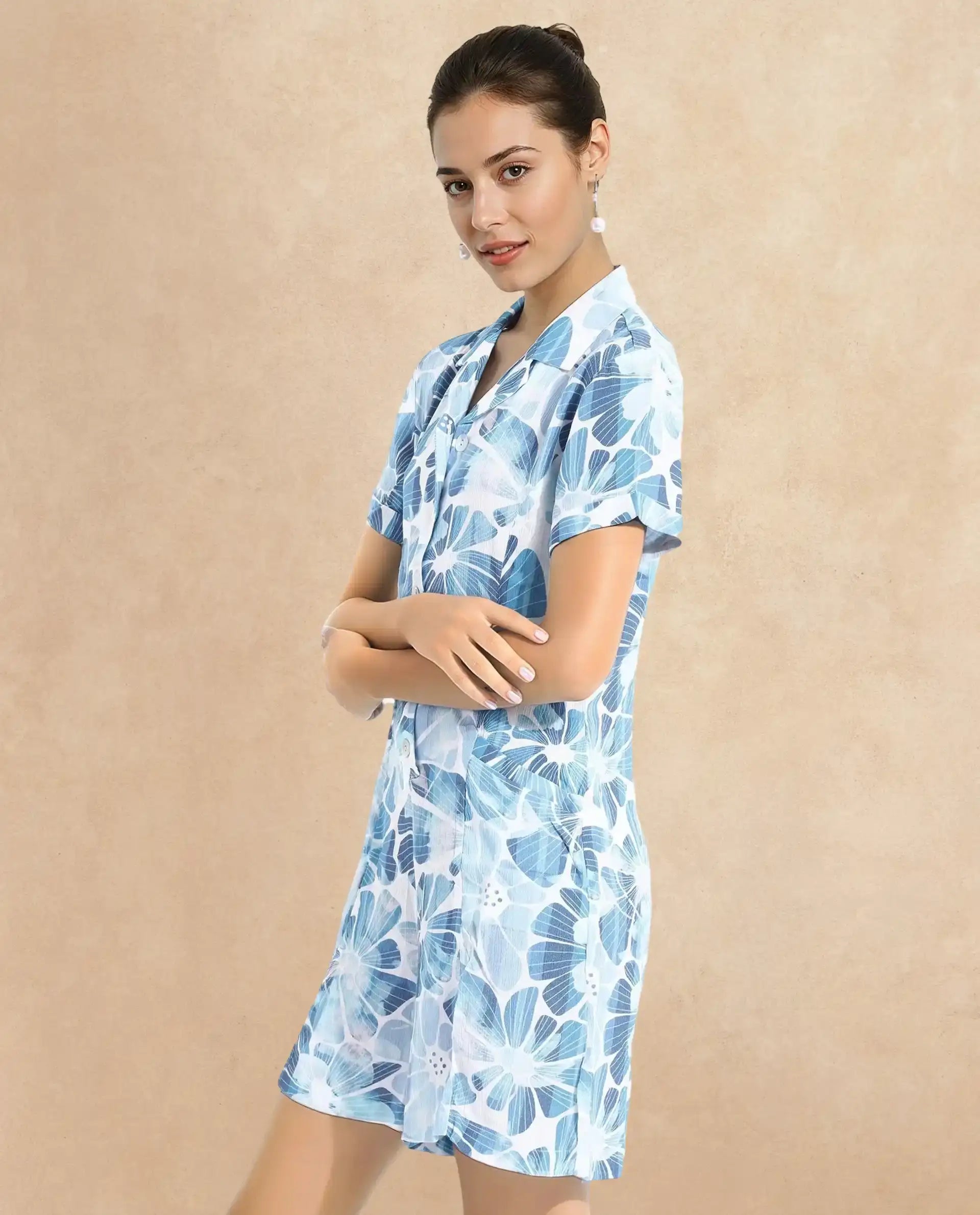 Rareism Women Pisa Light Blue Full Sleeve Lapel Neck Floral Print Knee Length Dress