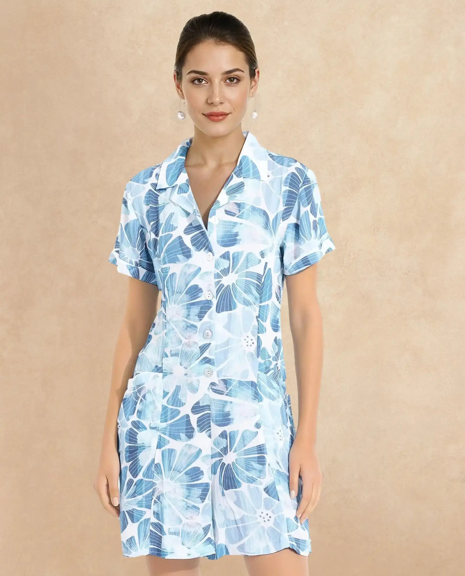 Rareism Women Pisa Light Blue Full Sleeve Lapel Neck Floral Print Knee Length Dress