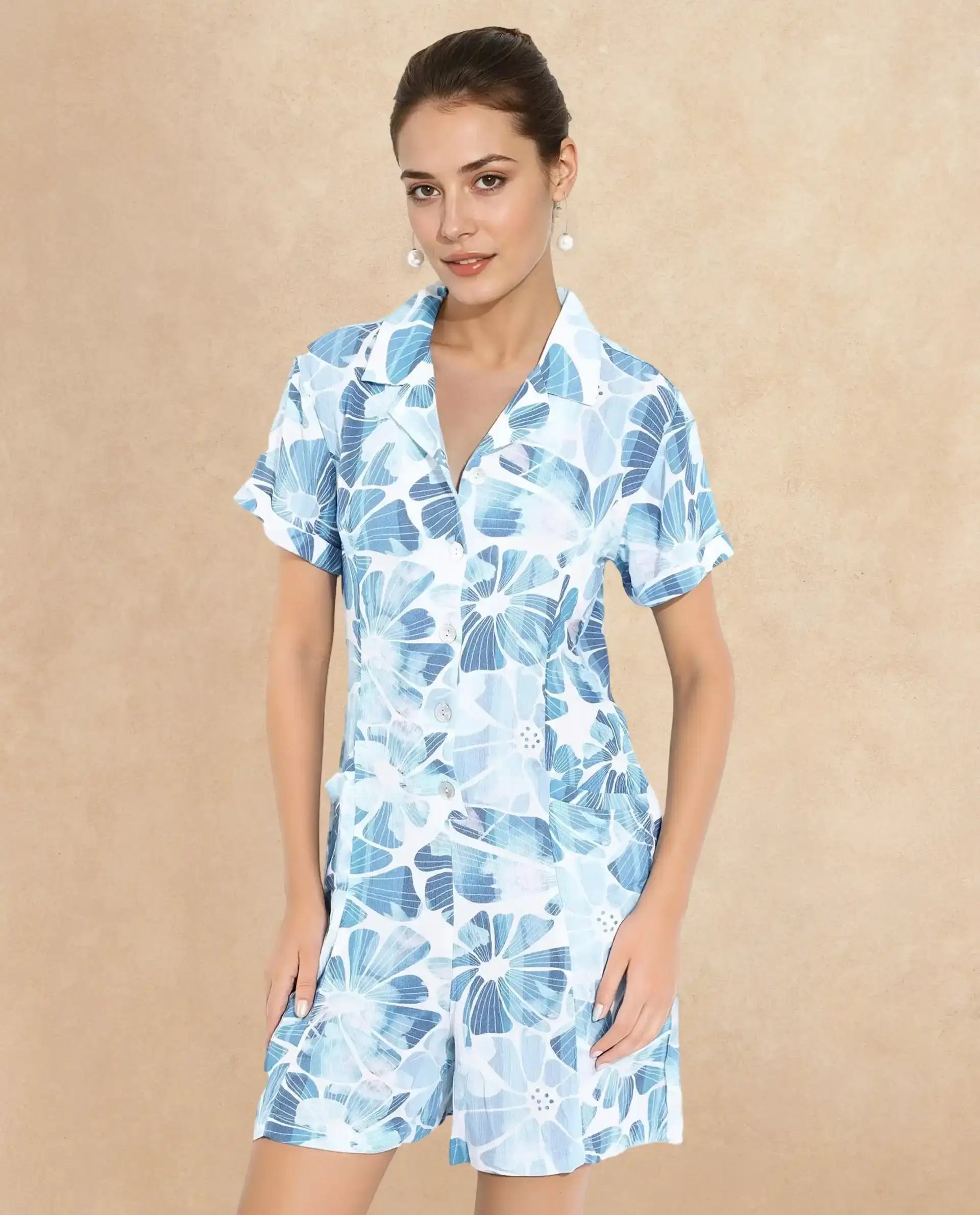 Rareism Women Pisa Light Blue Full Sleeve Lapel Neck Floral Print Knee Length Dress