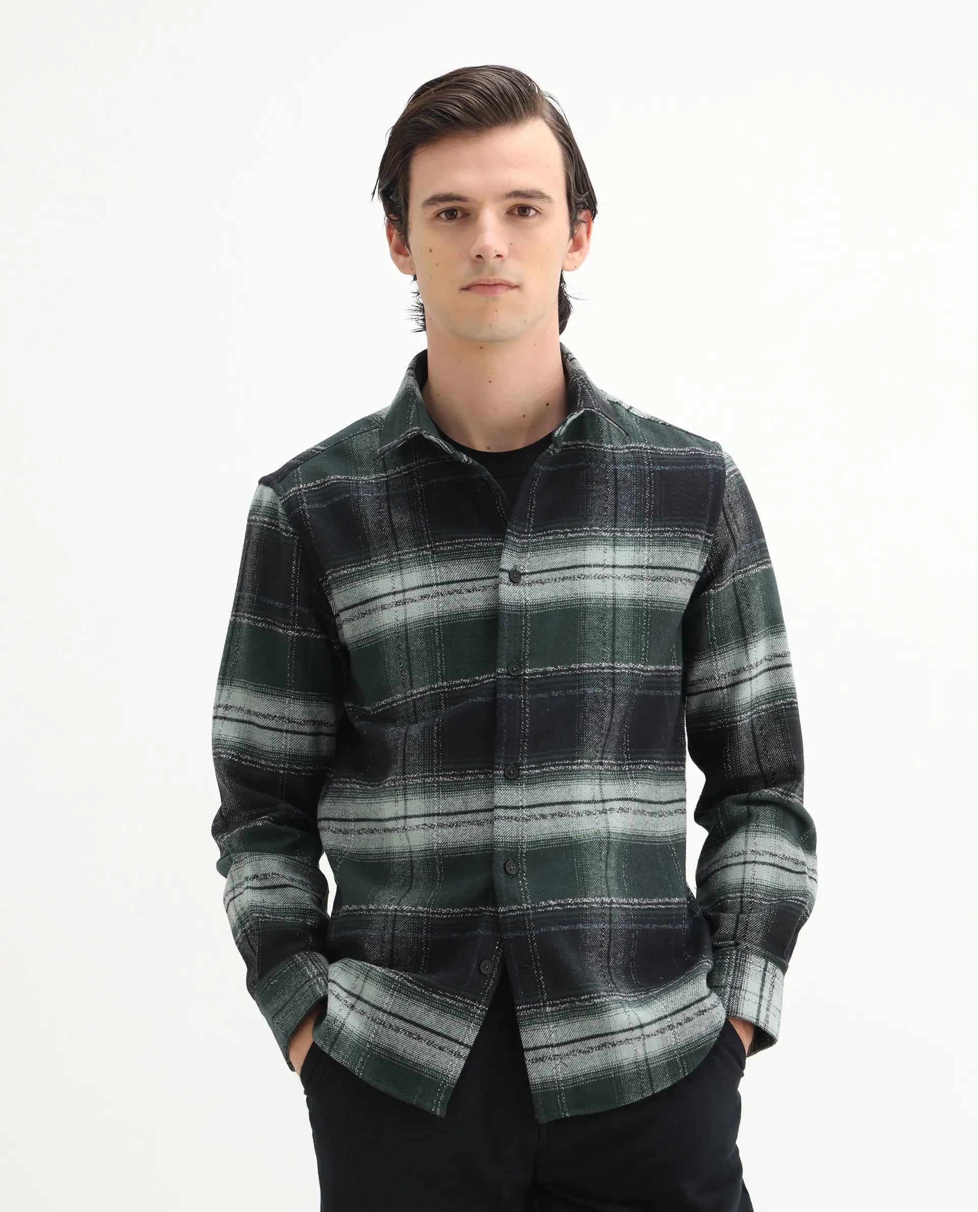 Rare Rabbit Men's Piter Green Cotton Blend Checked Print Regular Fit Full Sleeve Collared Shirt