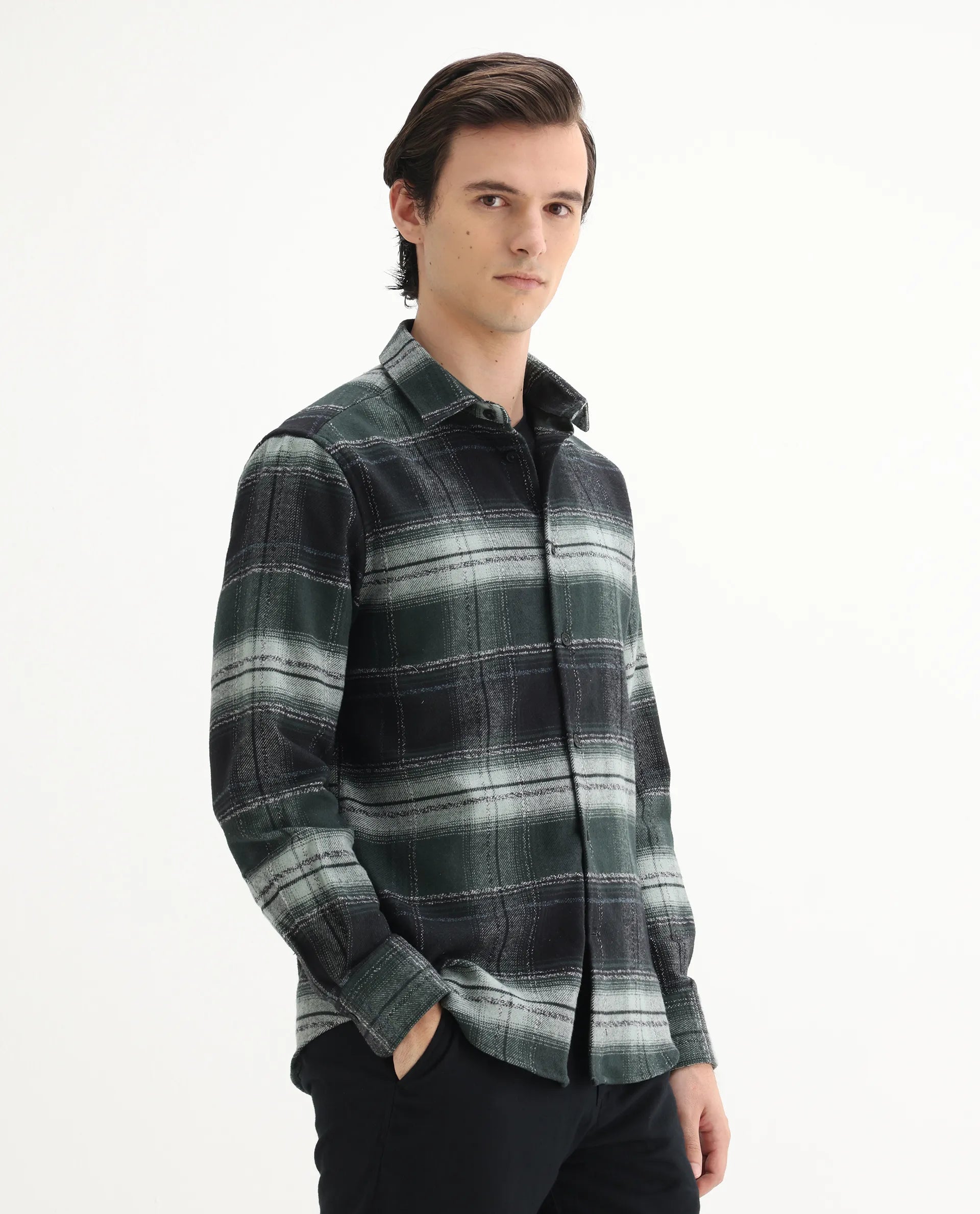 Rare Rabbit Men's Piter Green Cotton Blend Checked Print Regular Fit Full Sleeve Collared Shirt
