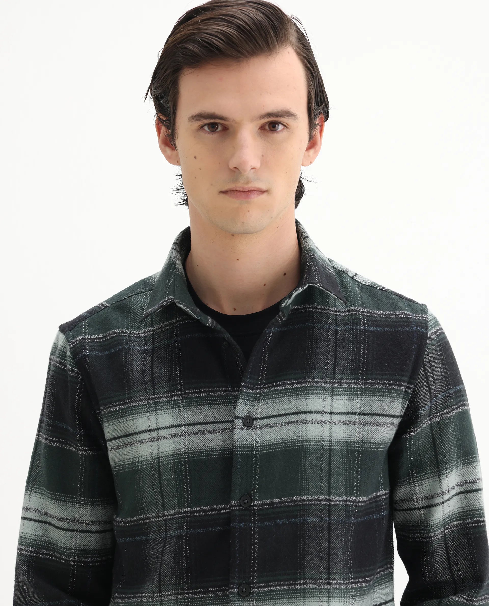 Rare Rabbit Men's Piter Green Cotton Blend Checked Print Regular Fit Full Sleeve Collared Shirt