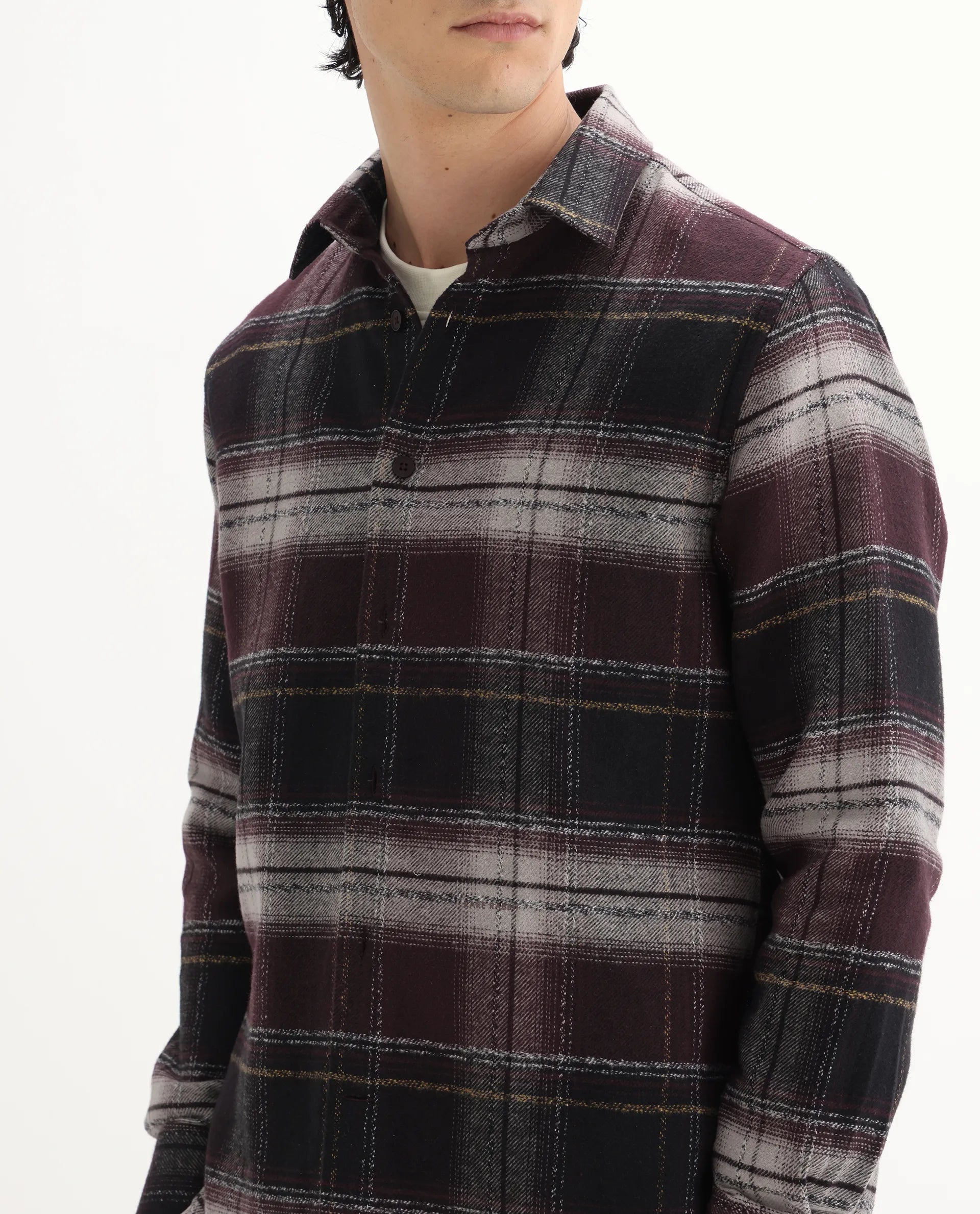 Rare Rabbit Men's Piter Maroon Cotton Blend Checked Print Regular Fit Full Sleeve Collared Shirt