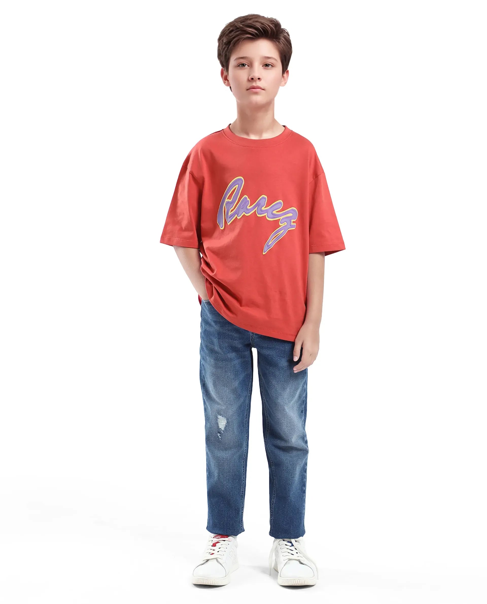 Rare Ones Kids Pixa Dusky Red Cotton Graphic Print Slip-On Oversized Fit T-Shirt