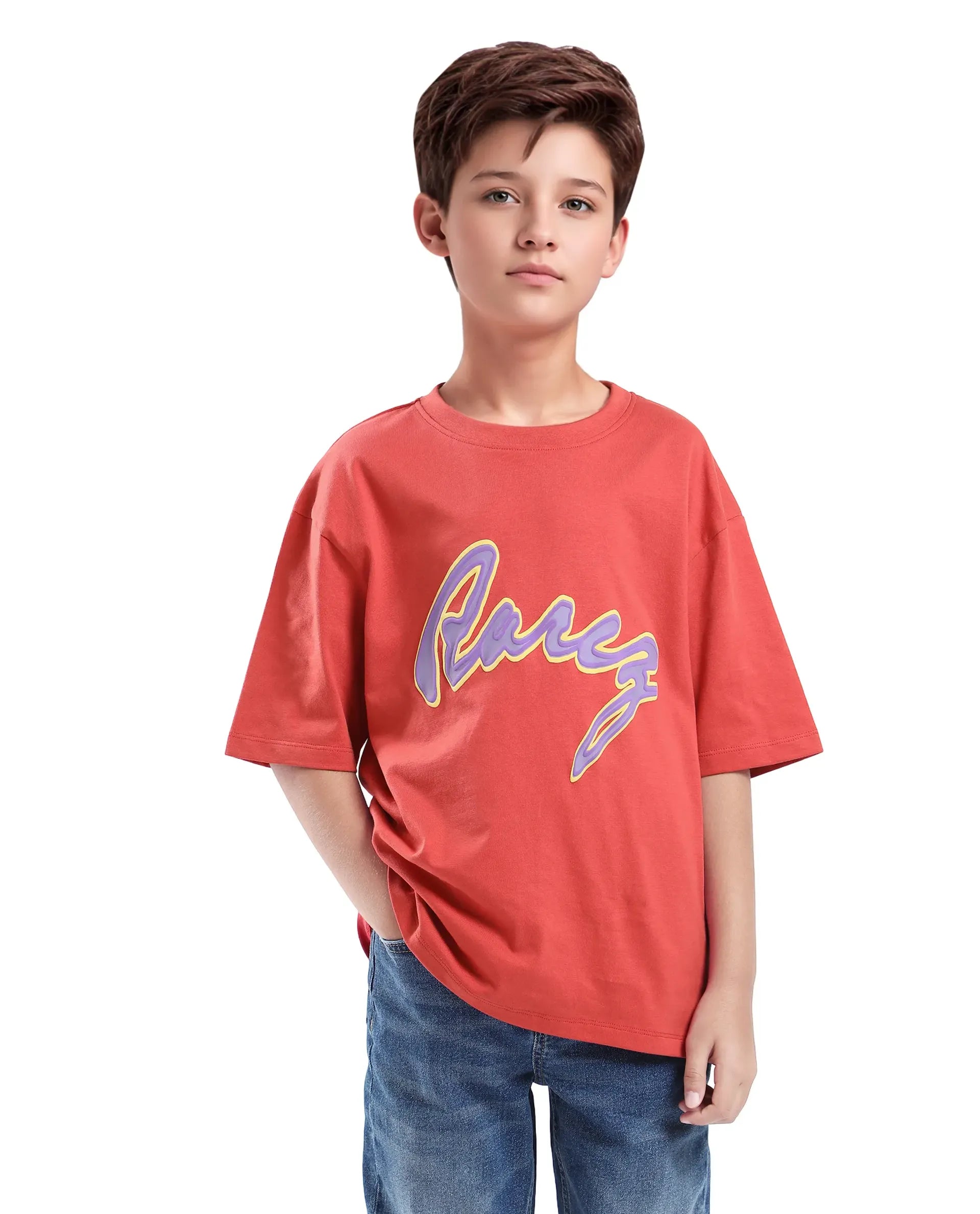 Rare Ones Kids Pixa Dusky Red Cotton Graphic Print Slip-On Oversized Fit T-Shirt