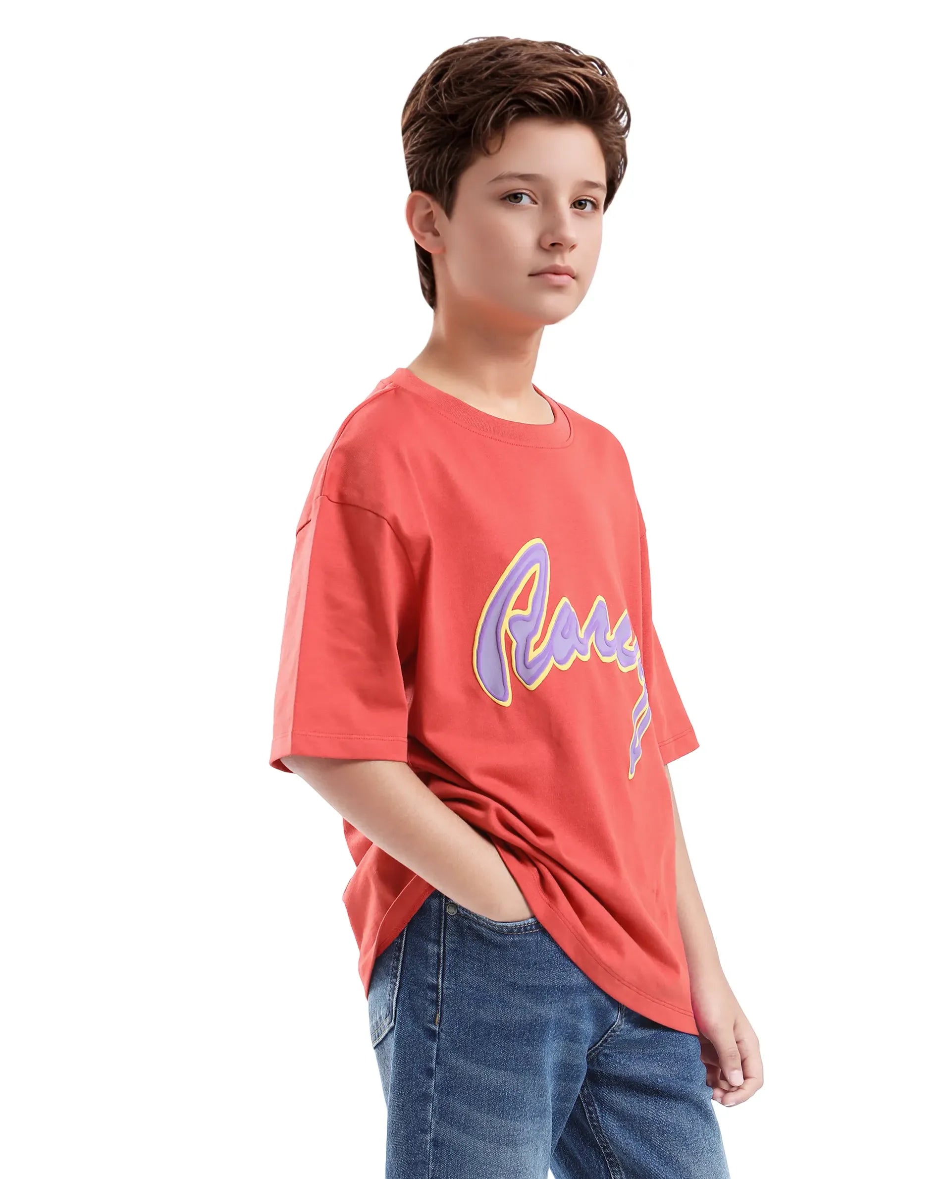 Rare Ones Kids Pixa Dusky Red Cotton Graphic Print Slip-On Oversized Fit T-Shirt