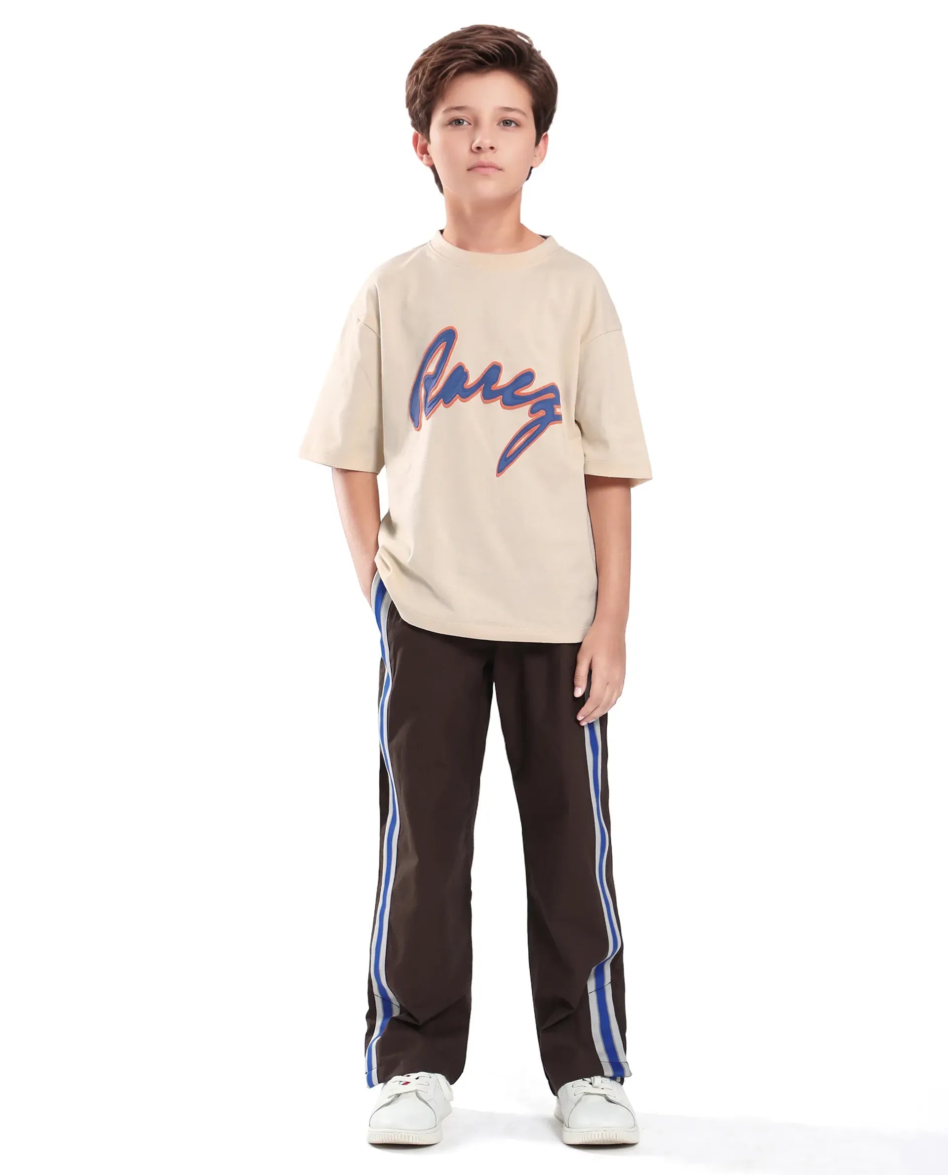 Rare Ones Kids Pixa Light Beige Cotton Graphic Print Slip-On Oversized Fit T-Shirt