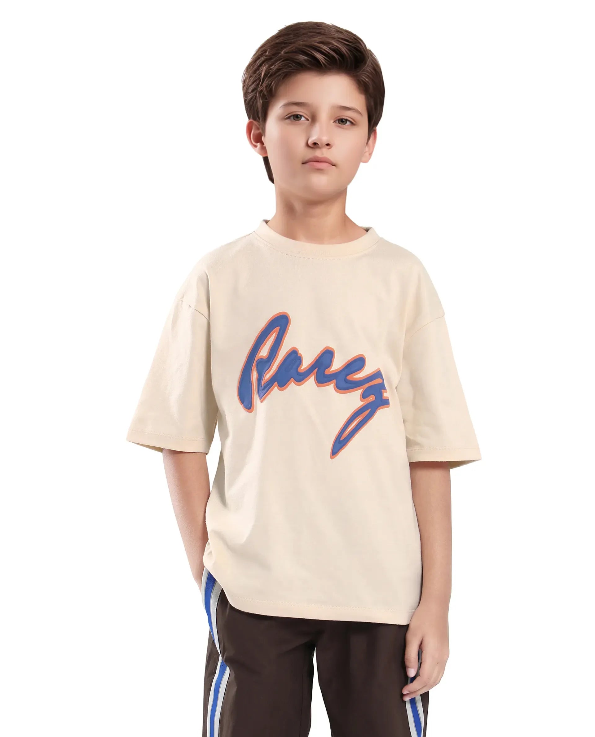 Rare Ones Kids Pixa Light Beige Cotton Graphic Print Slip-On Oversized Fit T-Shirt