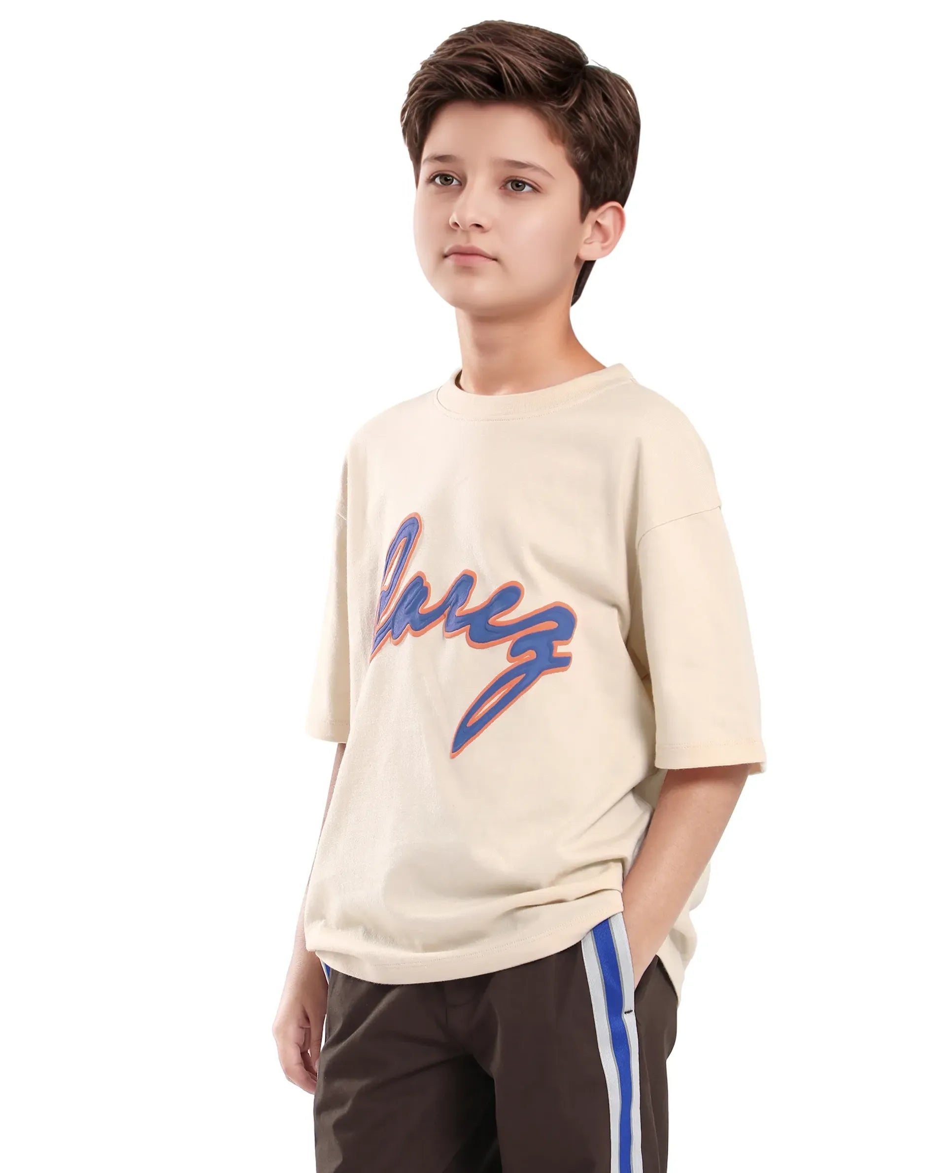 Rare Ones Kids Pixa Light Beige Cotton Graphic Print Slip-On Oversized Fit T-Shirt