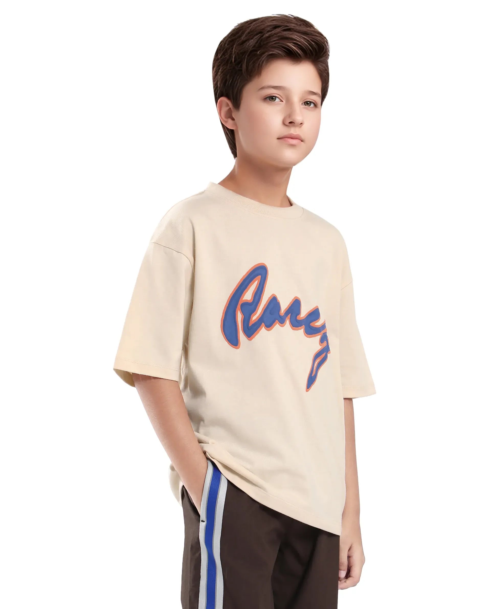 Rare Ones Kids Pixa Light Beige Cotton Graphic Print Slip-On Oversized Fit T-Shirt