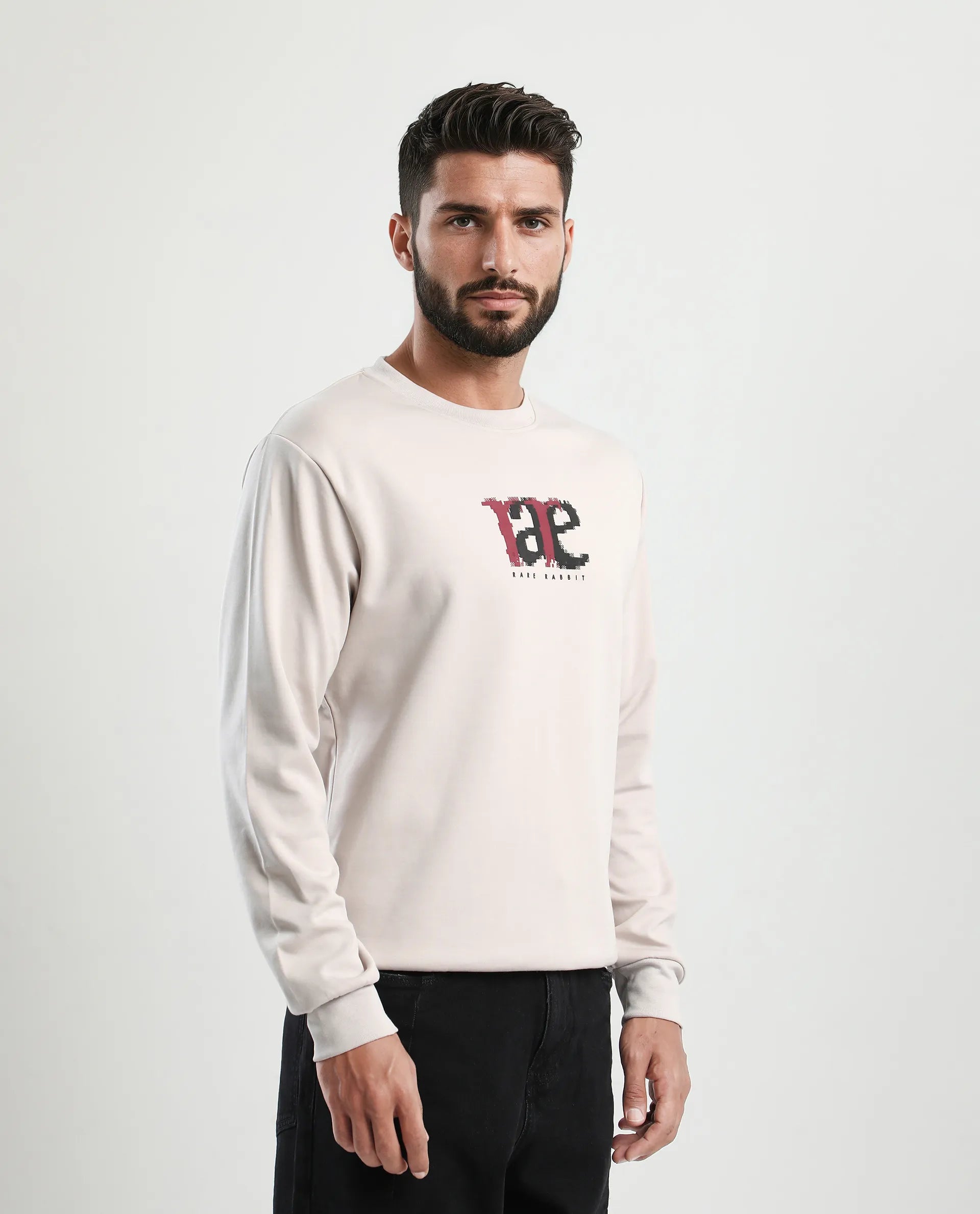 Rare Rabbit Men's Pixen Light Beige Cotton Blend Graphic Print Regular Fit Full Sleeve Crew Neck Sweatshirt