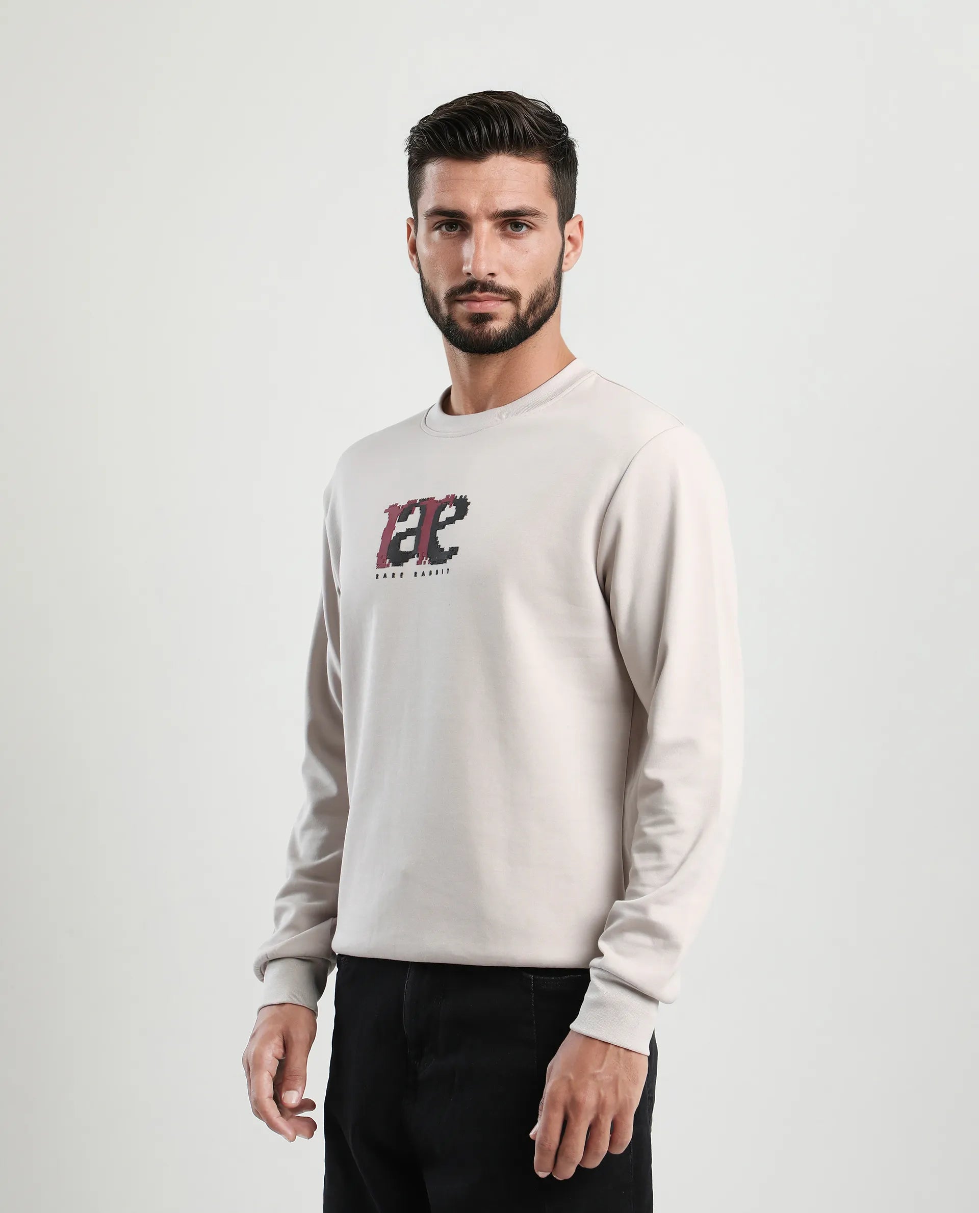 Rare Rabbit Men's Pixen Light Beige Cotton Blend Graphic Print Regular Fit Full Sleeve Crew Neck Sweatshirt