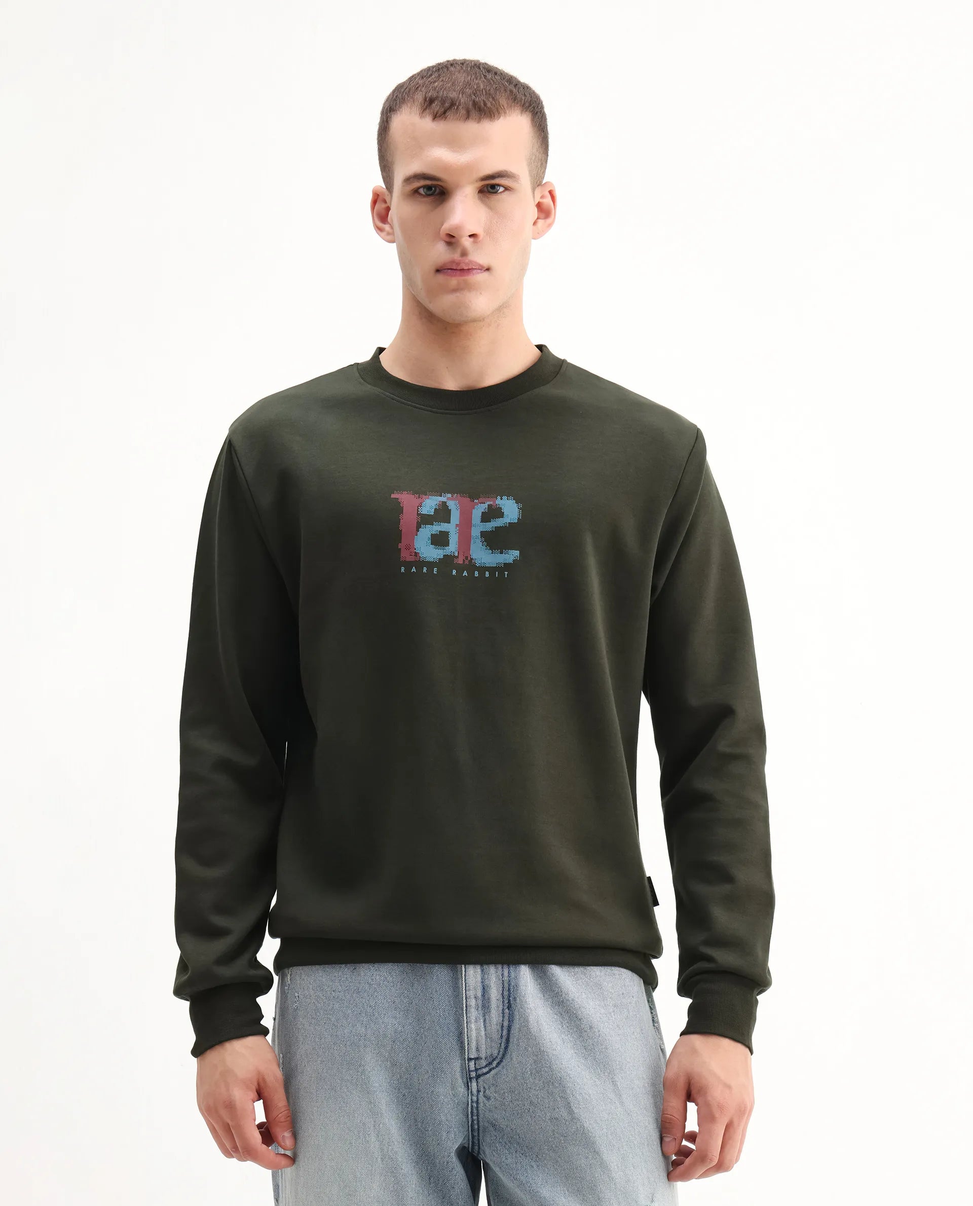 Rare Rabbit Men's Pixen Dark Olive Cotton Blend Graphic Print Regular Fit Full Sleeve Crew Neck Sweatshirt