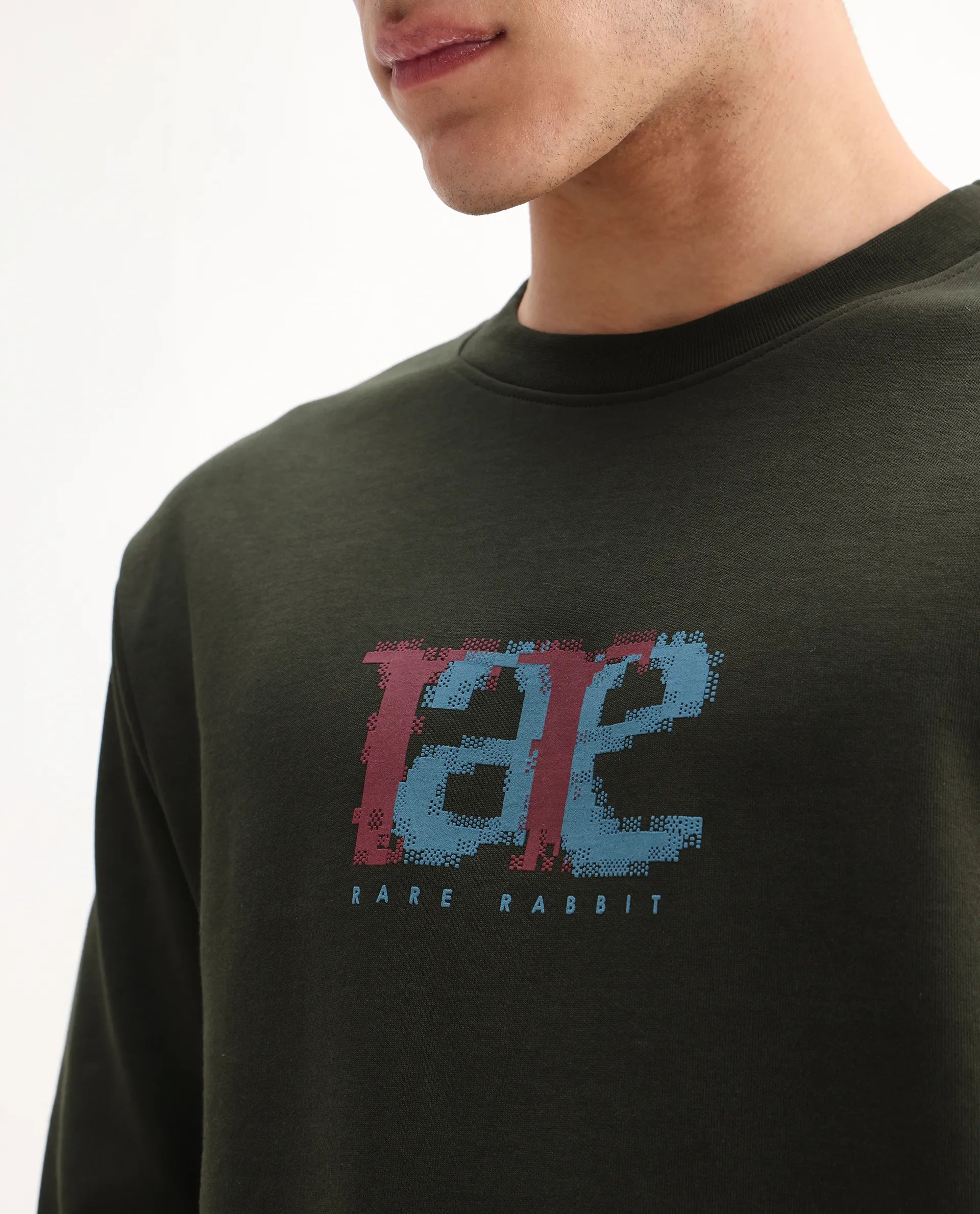 Rare Rabbit Men's Pixen Dark Olive Cotton Blend Graphic Print Regular Fit Full Sleeve Crew Neck Sweatshirt