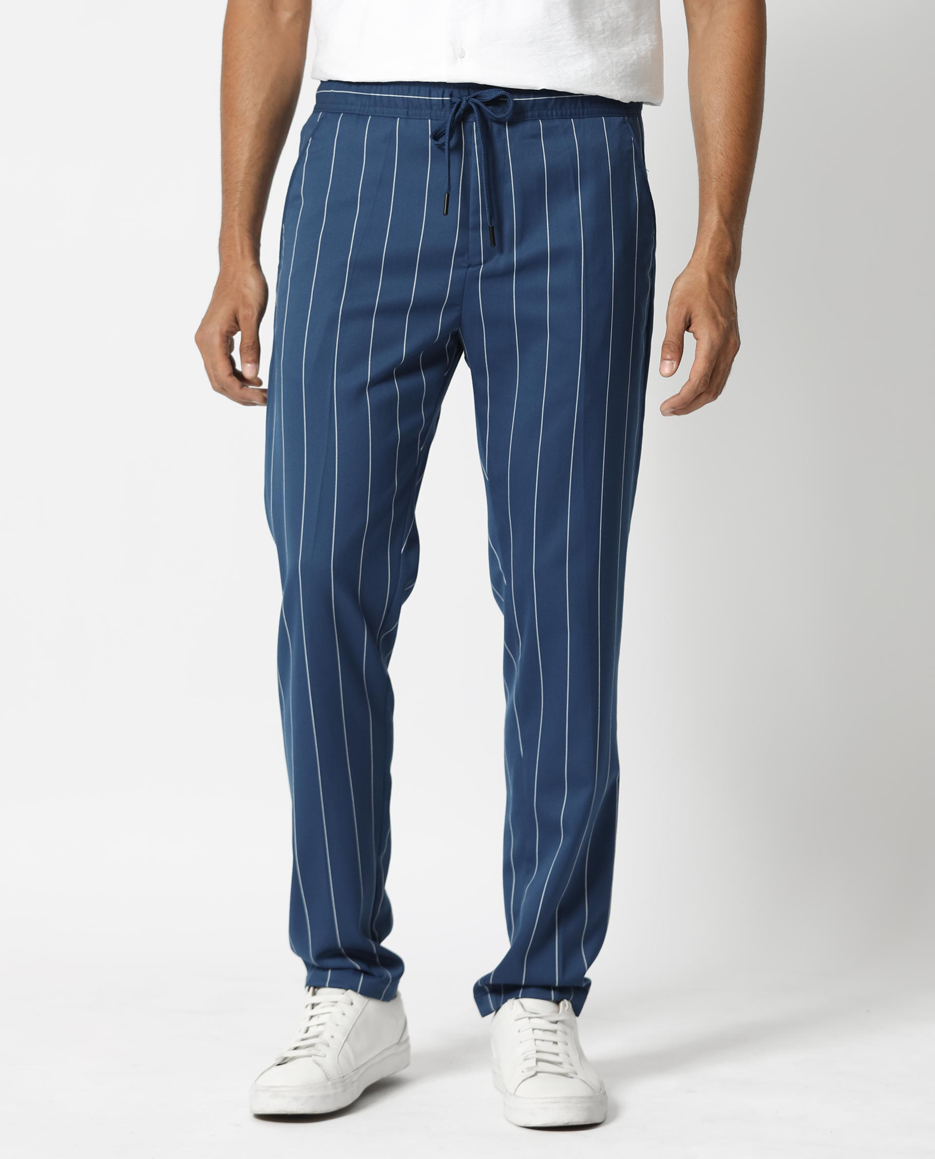 Striped Navy Blue Buckled Pants – HolloMen