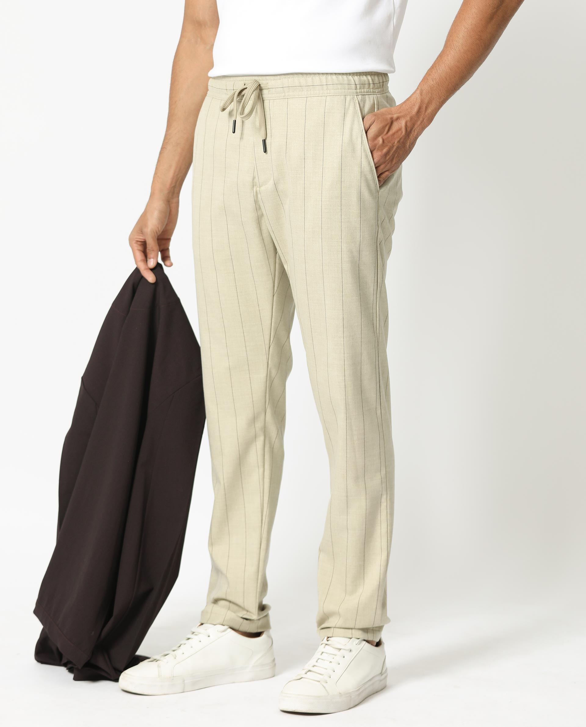 Linen Drawstring Trousers - Light Beige - Men