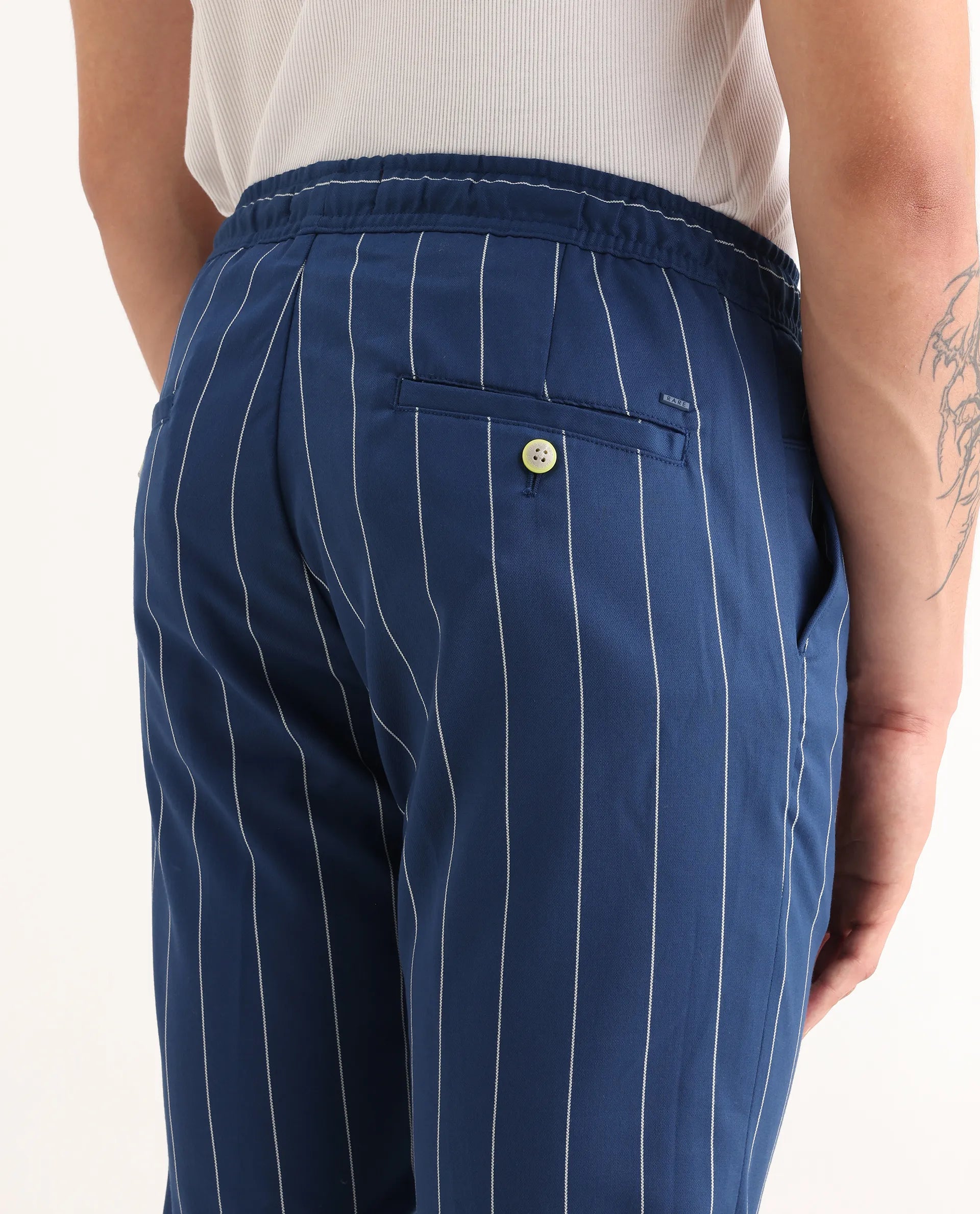 Rare Rabbit Men's Pixie Dark Blue Polyester Striped Print Regular Fit Trouser