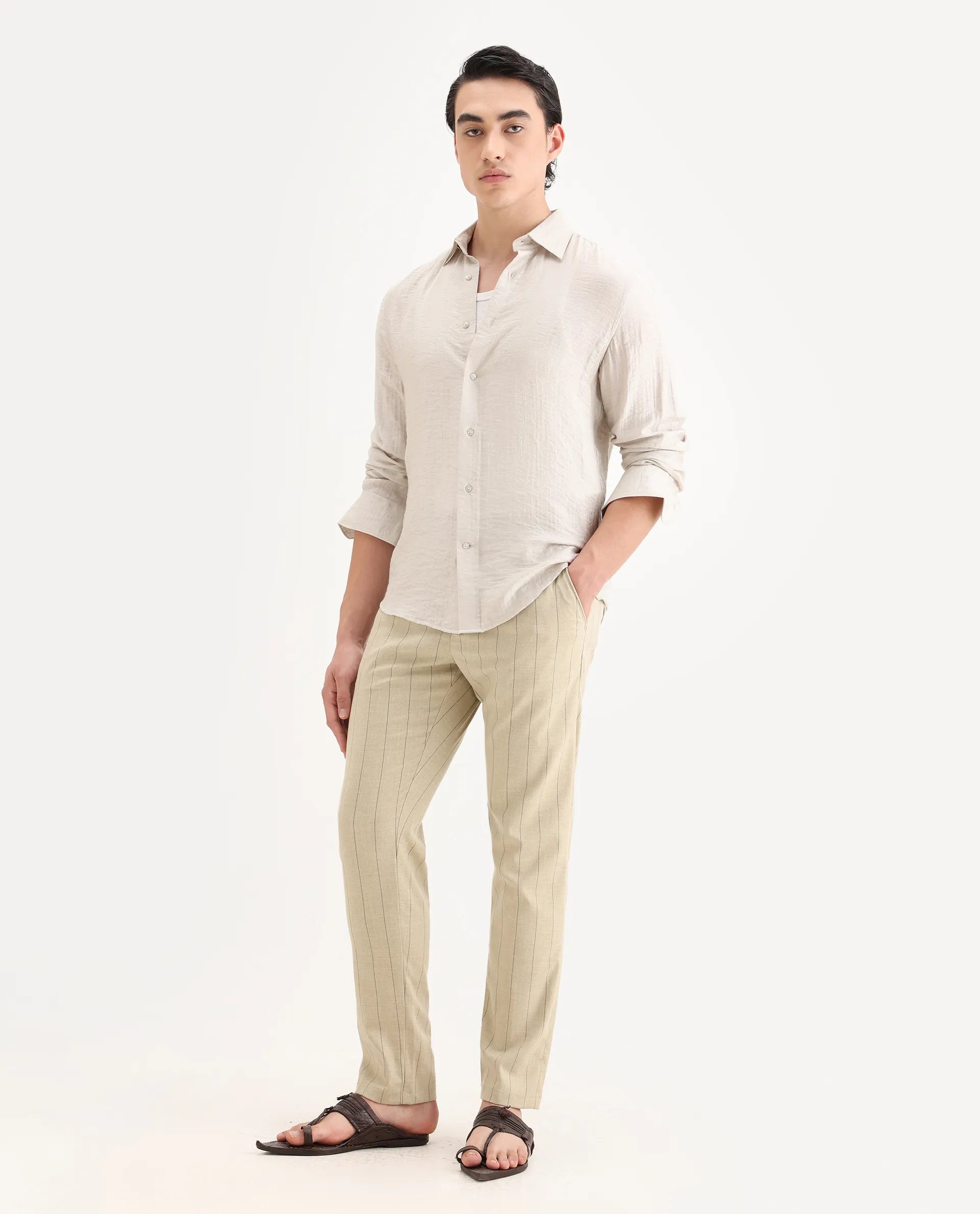 Rare Rabbit Men's Pixie Light Beige Polyester Striped Print Regular Fit Trouser