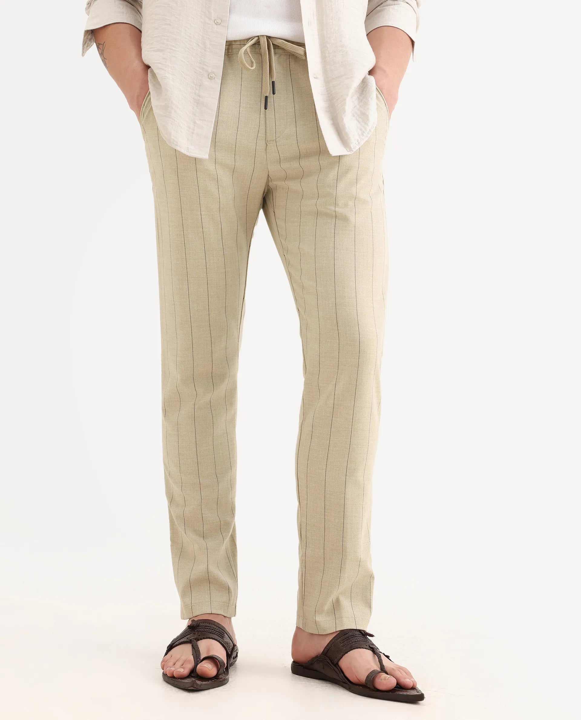 Rare Rabbit Men's Pixie Light Beige Polyester Striped Print Regular Fit Trouser