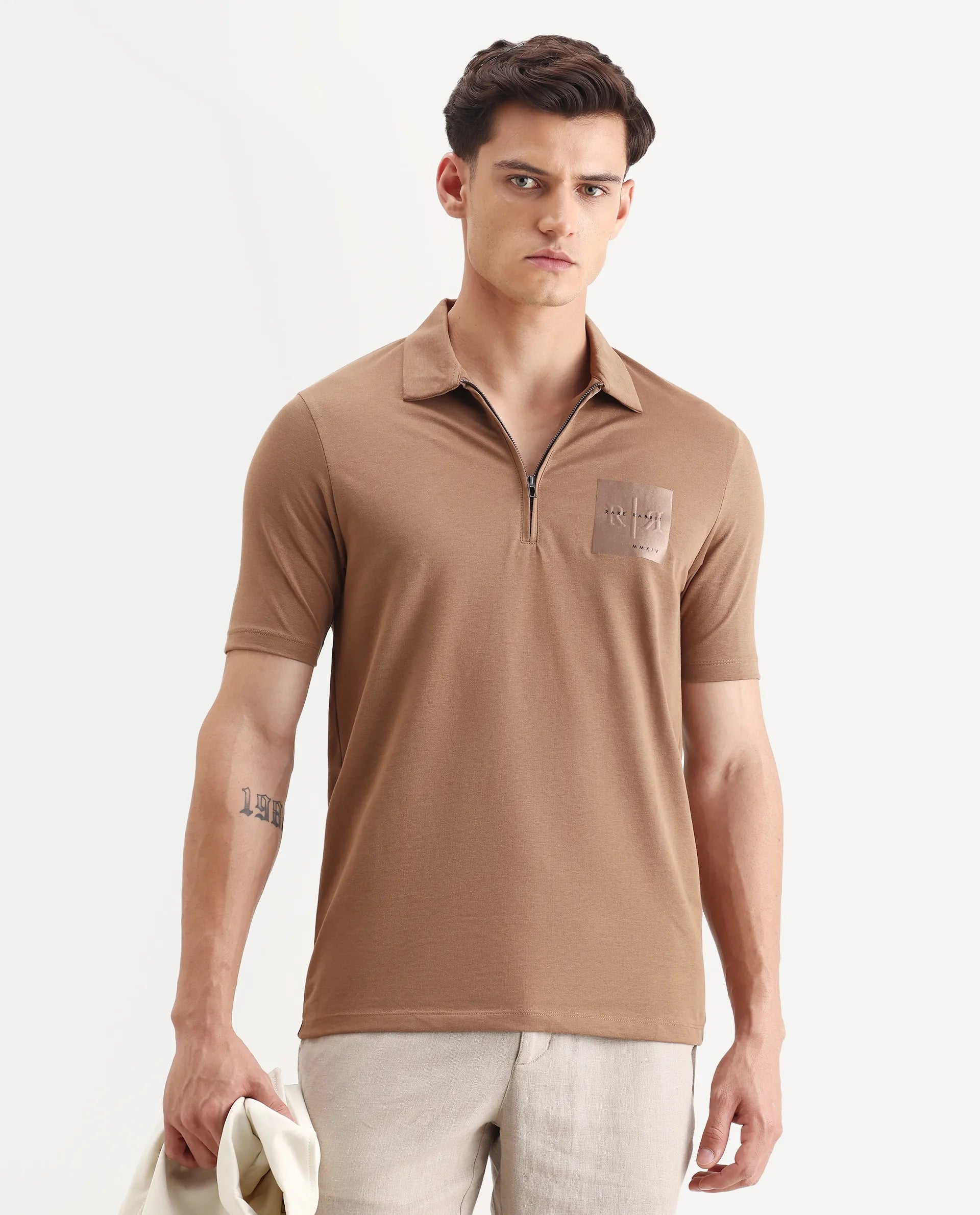 Rare Rabbit Men's Plad Beige Cotton Blend Plain Regular Fit Half Sleeve Polo
