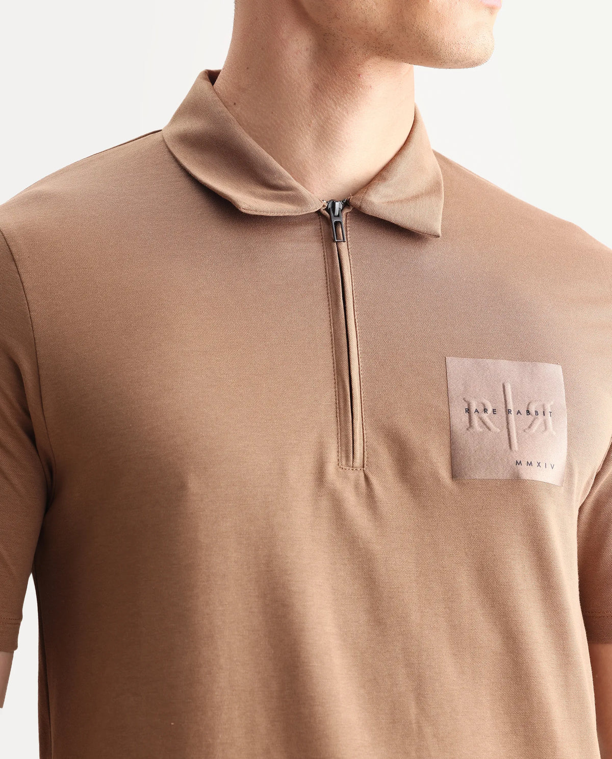 Rare Rabbit Men's Plad Beige Cotton Blend Plain Regular Fit Half Sleeve Polo