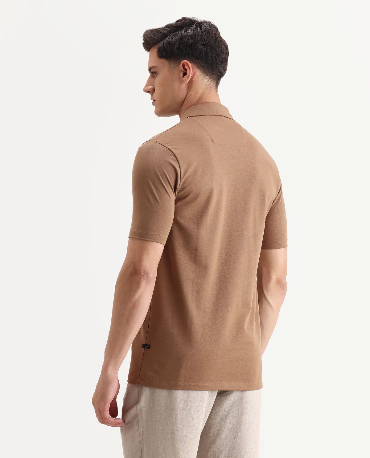 Rare Rabbit Men's Plad Beige Cotton Blend Plain Regular Fit Half Sleeve Polo