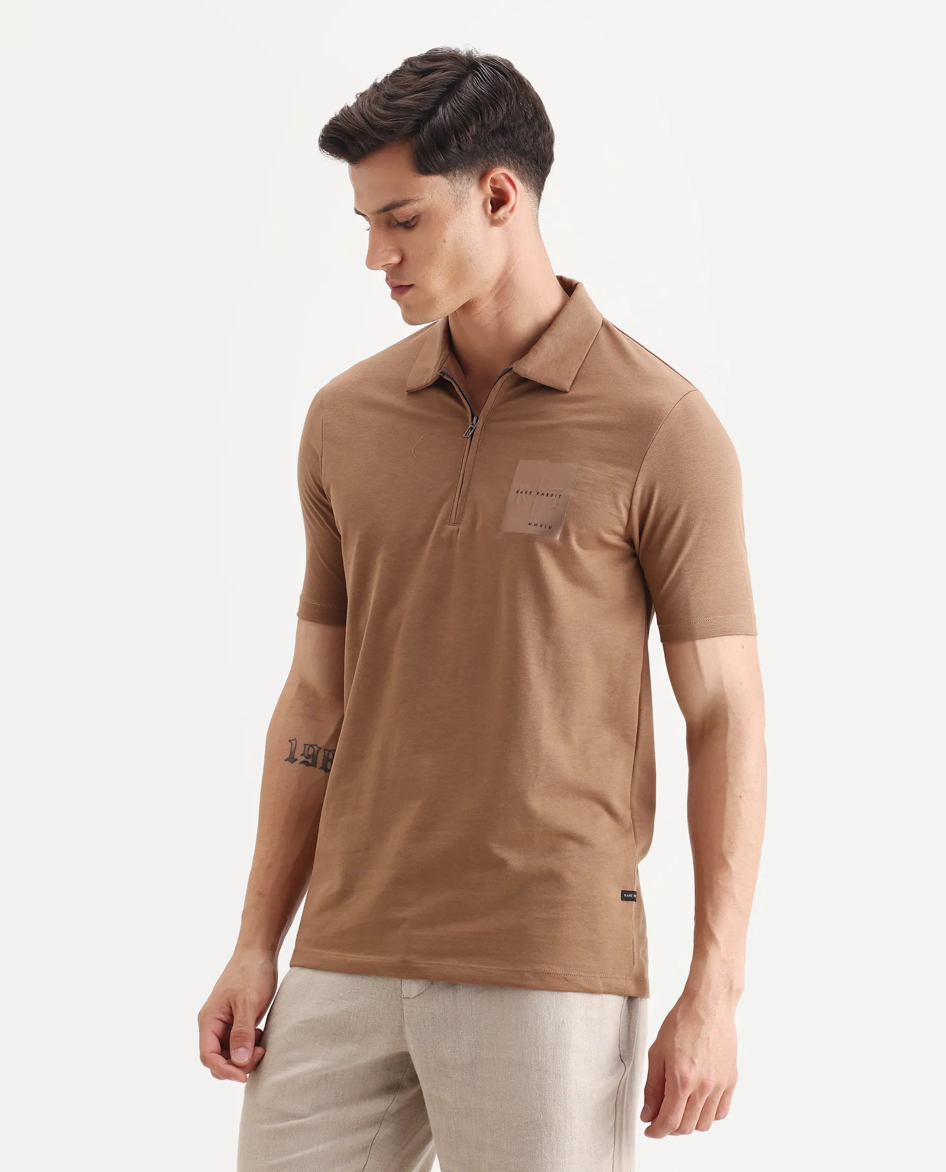 Rare Rabbit Men's Plad Beige Cotton Blend Plain Regular Fit Half Sleeve Polo