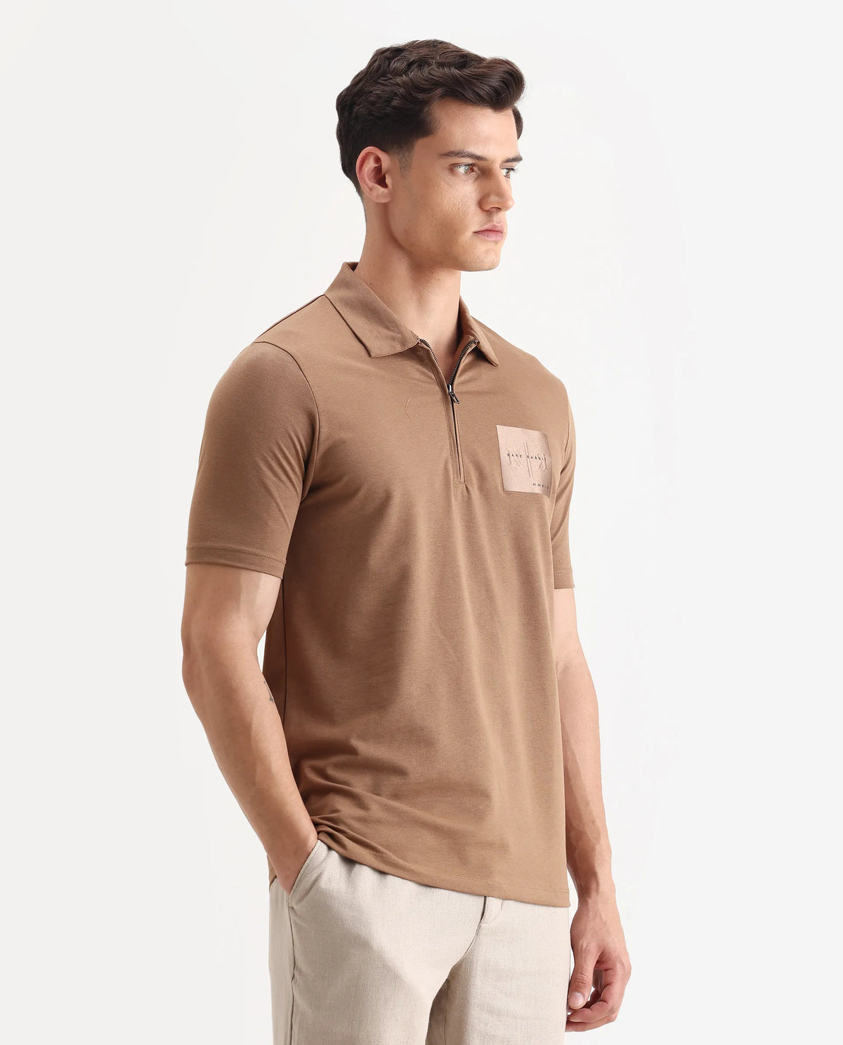 Rare Rabbit Men's Plad Beige Cotton Blend Plain Regular Fit Half Sleeve Polo