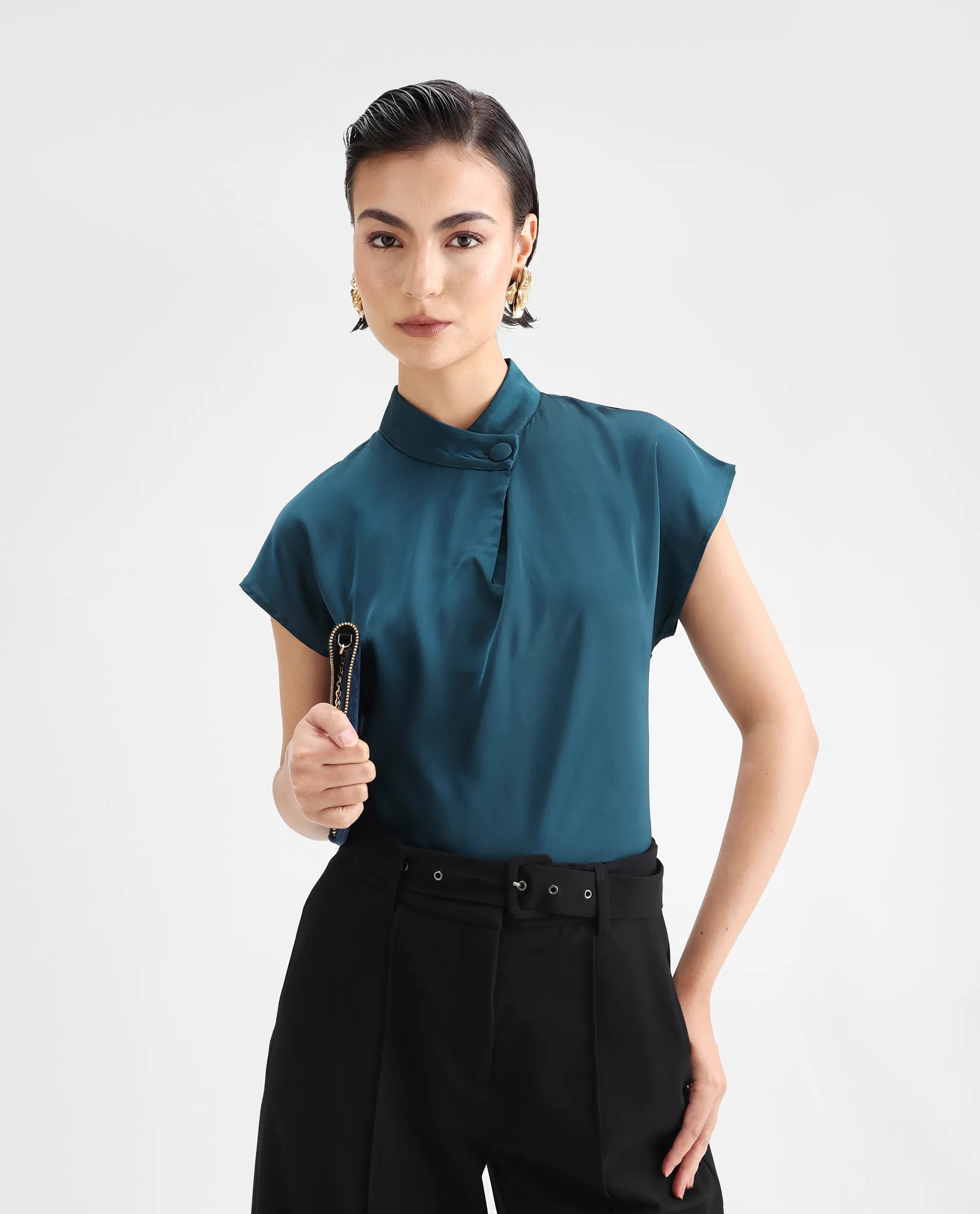 Rareism Women's Plama Petrol Satin Mandarin Collar Plain Extended Sleeves Regular Fit Top