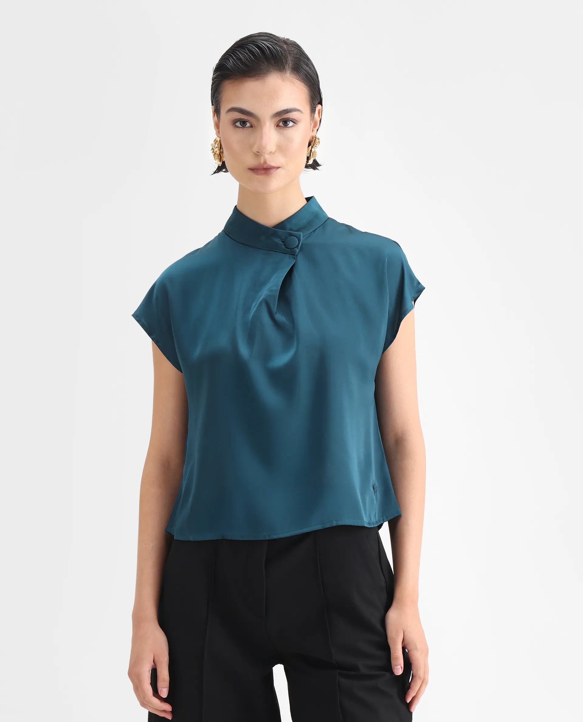 Rareism Women's Plama Petrol Satin Mandarin Collar Plain Extended Sleeves Regular Fit Top