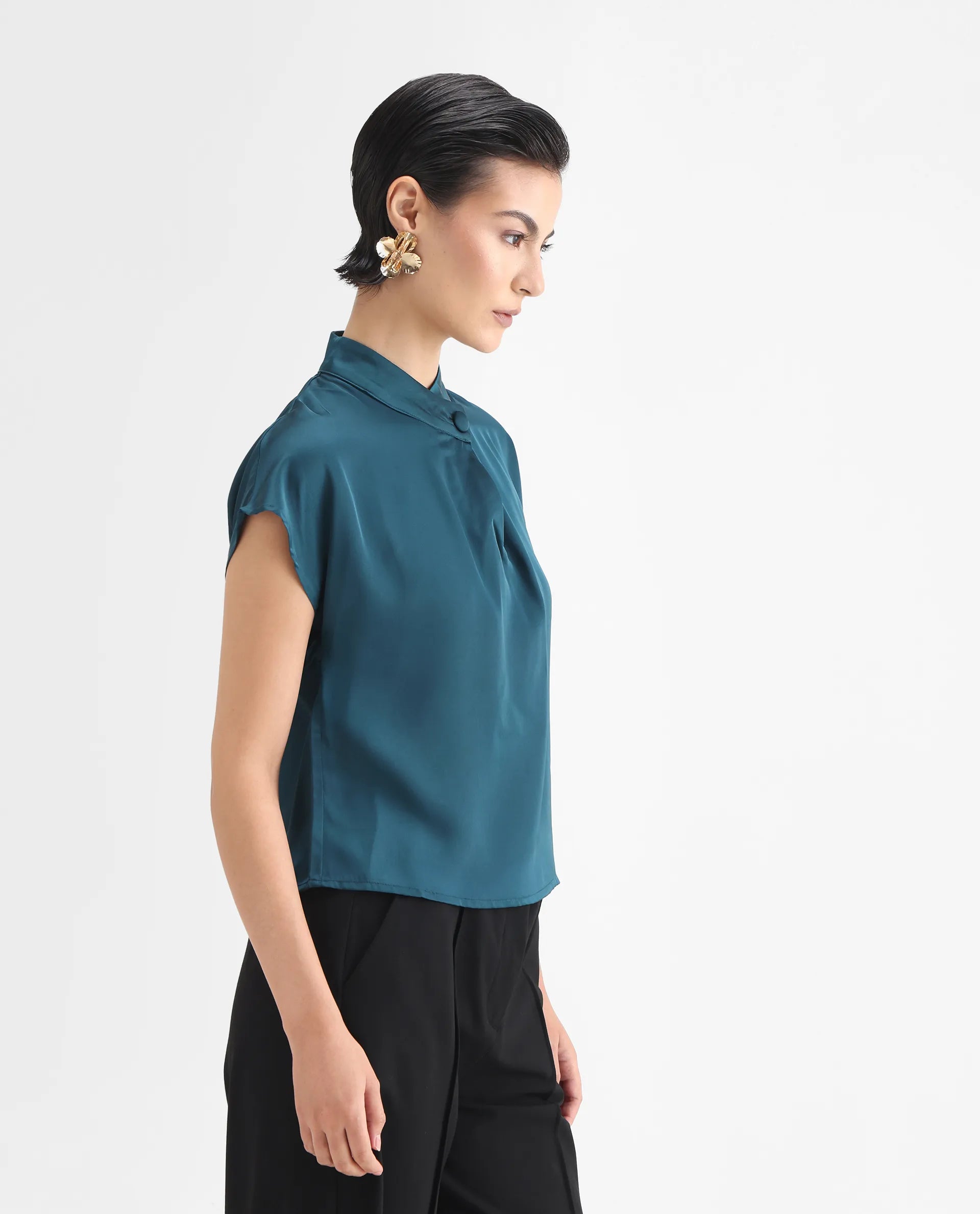 Rareism Women's Plama Petrol Satin Mandarin Collar Plain Extended Sleeves Regular Fit Top