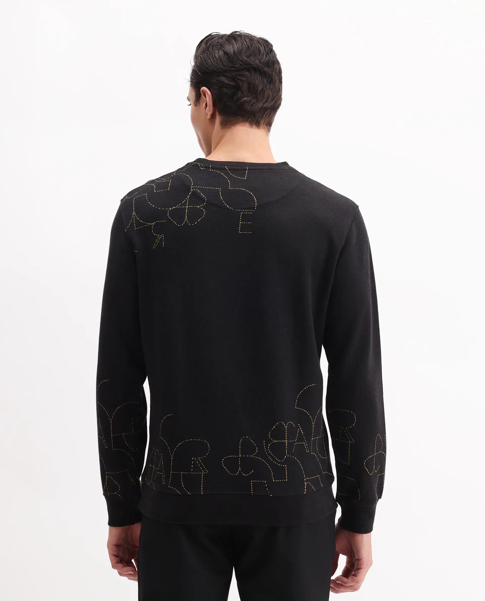 Rare Rabbit Men's Planes Black Cotton Embroidered Relaxed Fit Full Sleeve Crew Neck Sweatshirt
