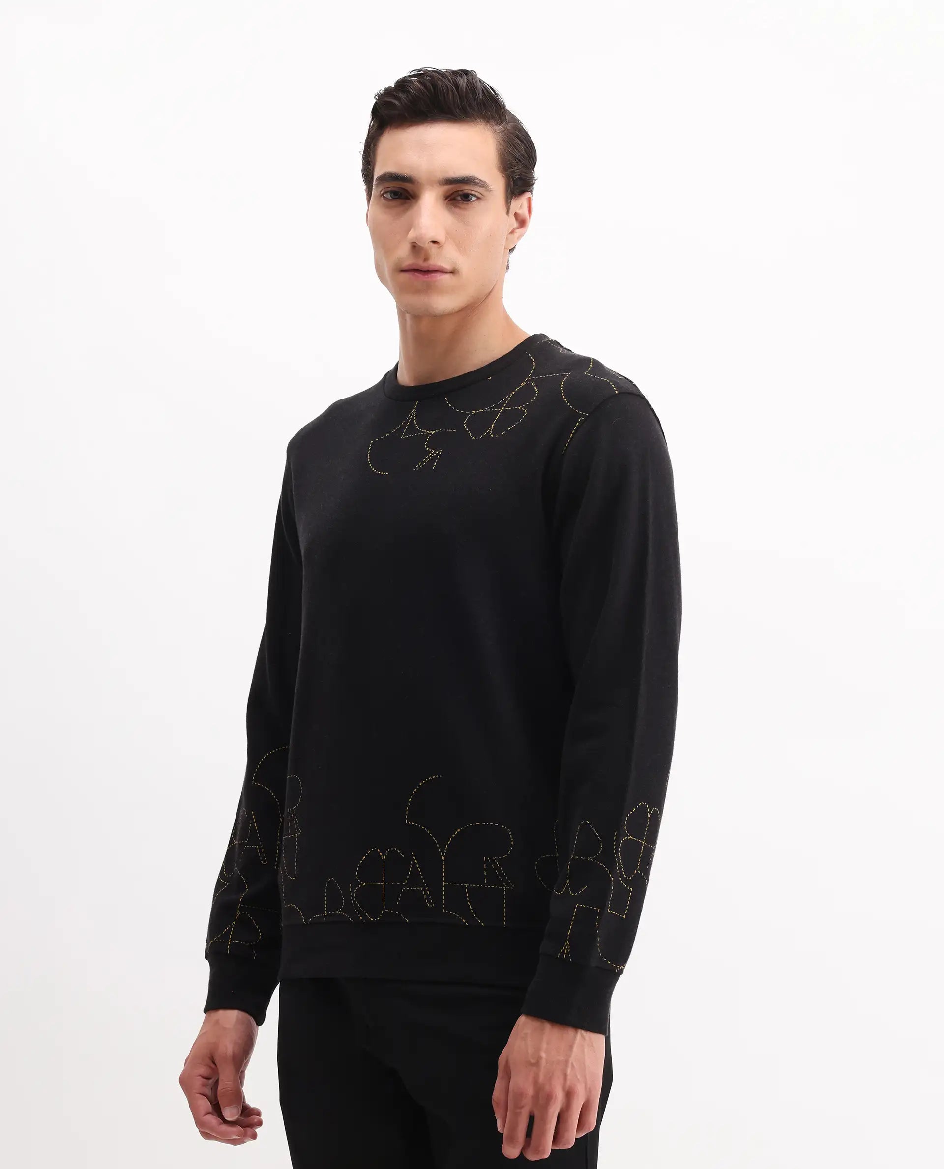 Rare Rabbit Men's Planes Black Cotton Embroidered Relaxed Fit Full Sleeve Crew Neck Sweatshirt
