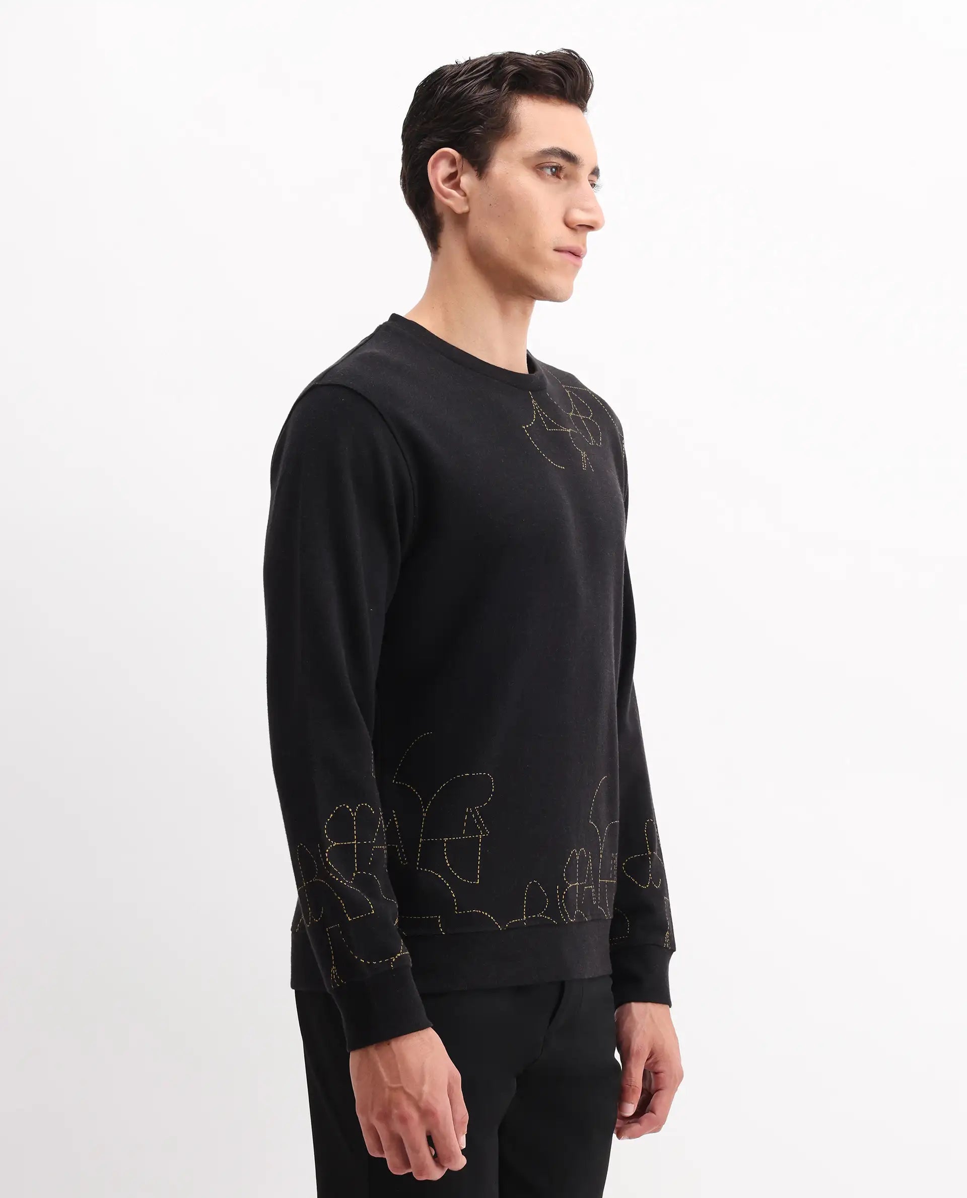 Rare Rabbit Men's Planes Black Cotton Embroidered Relaxed Fit Full Sleeve Crew Neck Sweatshirt