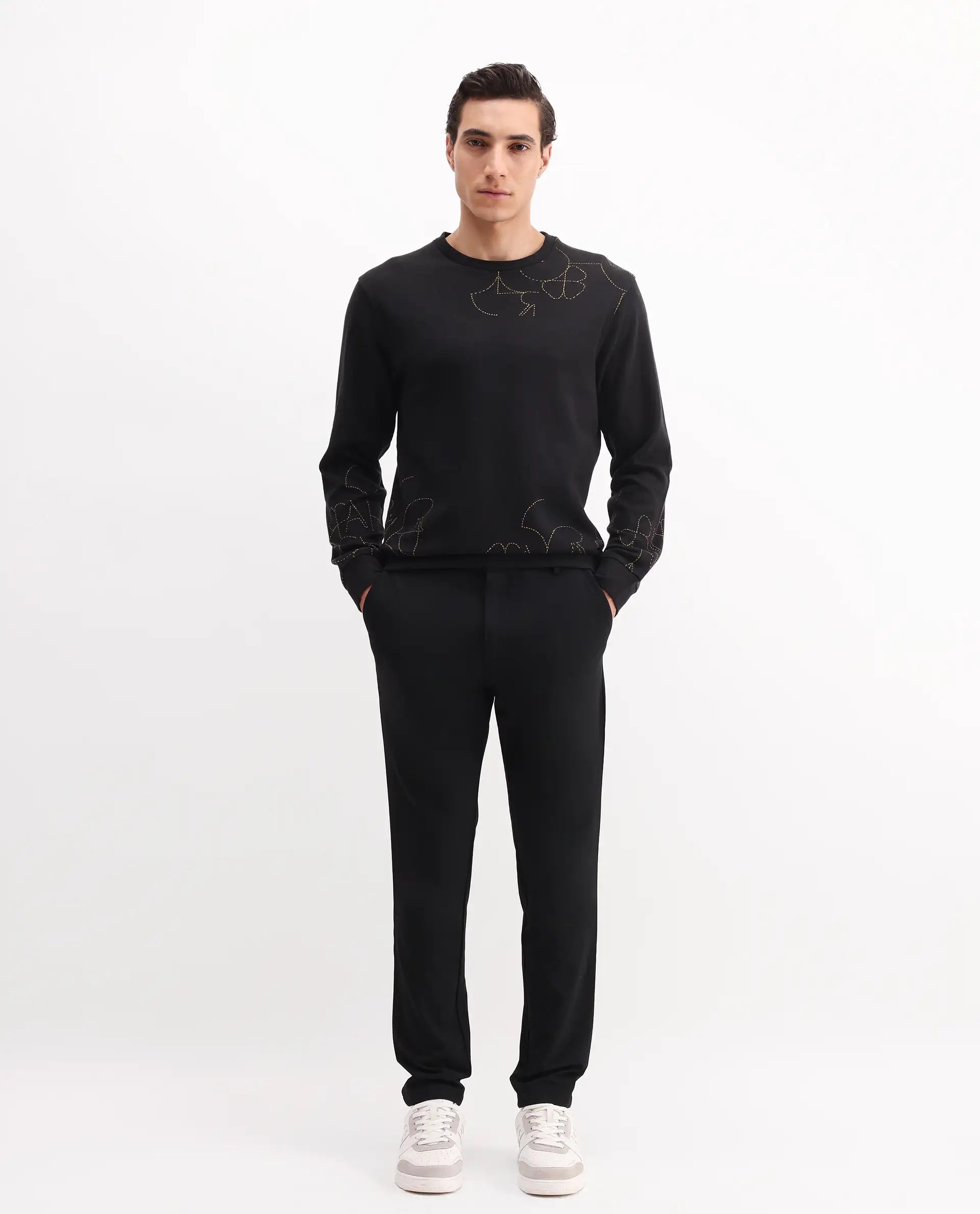 Rare Rabbit Men's Planes Black Cotton Embroidered Relaxed Fit Full Sleeve Crew Neck Sweatshirt