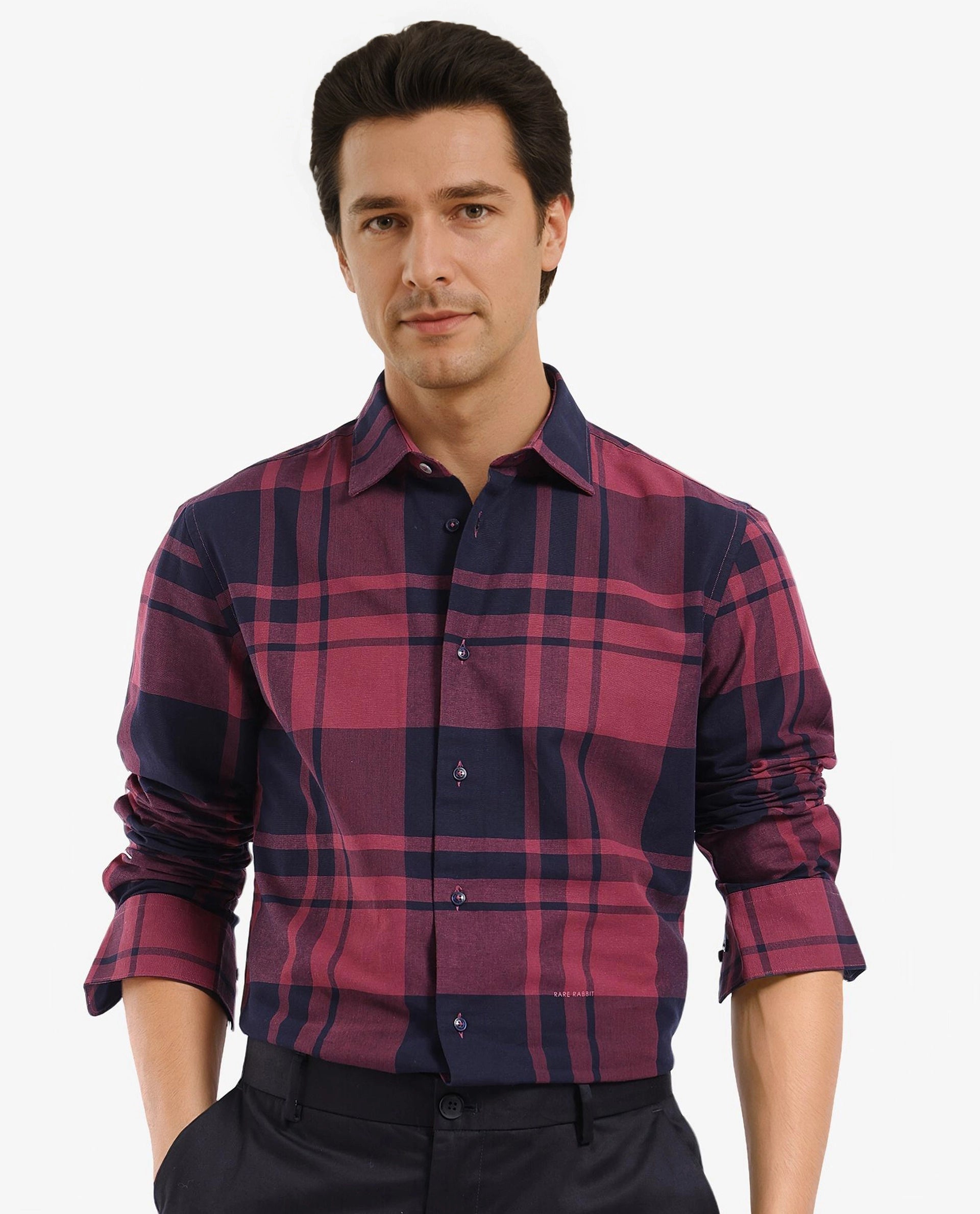 Rare Rabbit Men Planos Maroon Cotton Fabric Full Sleeve Regular Fit Checks Shirt