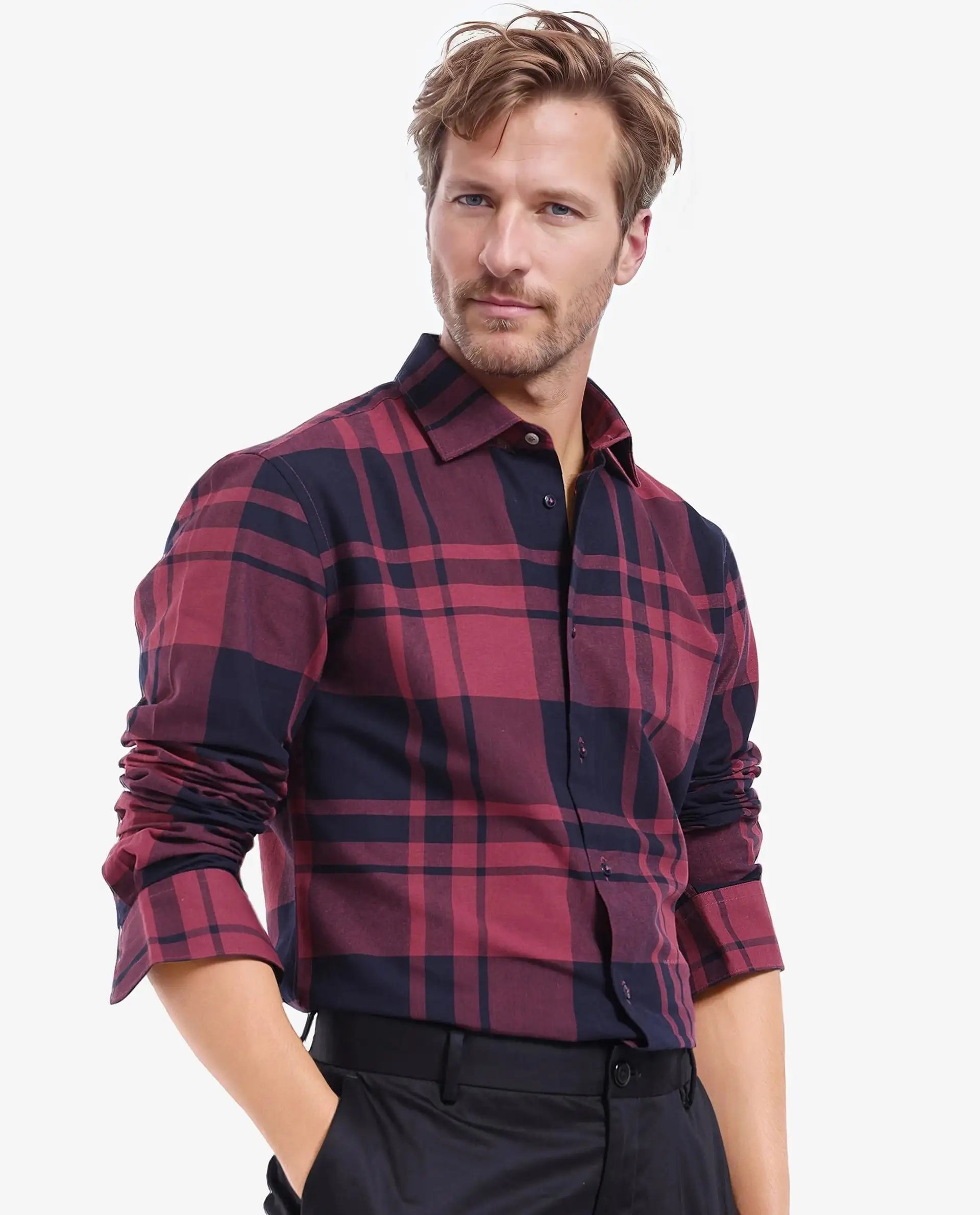 Rare Rabbit Men Planos Maroon Cotton Fabric Full Sleeve Regular Fit Checks Shirt