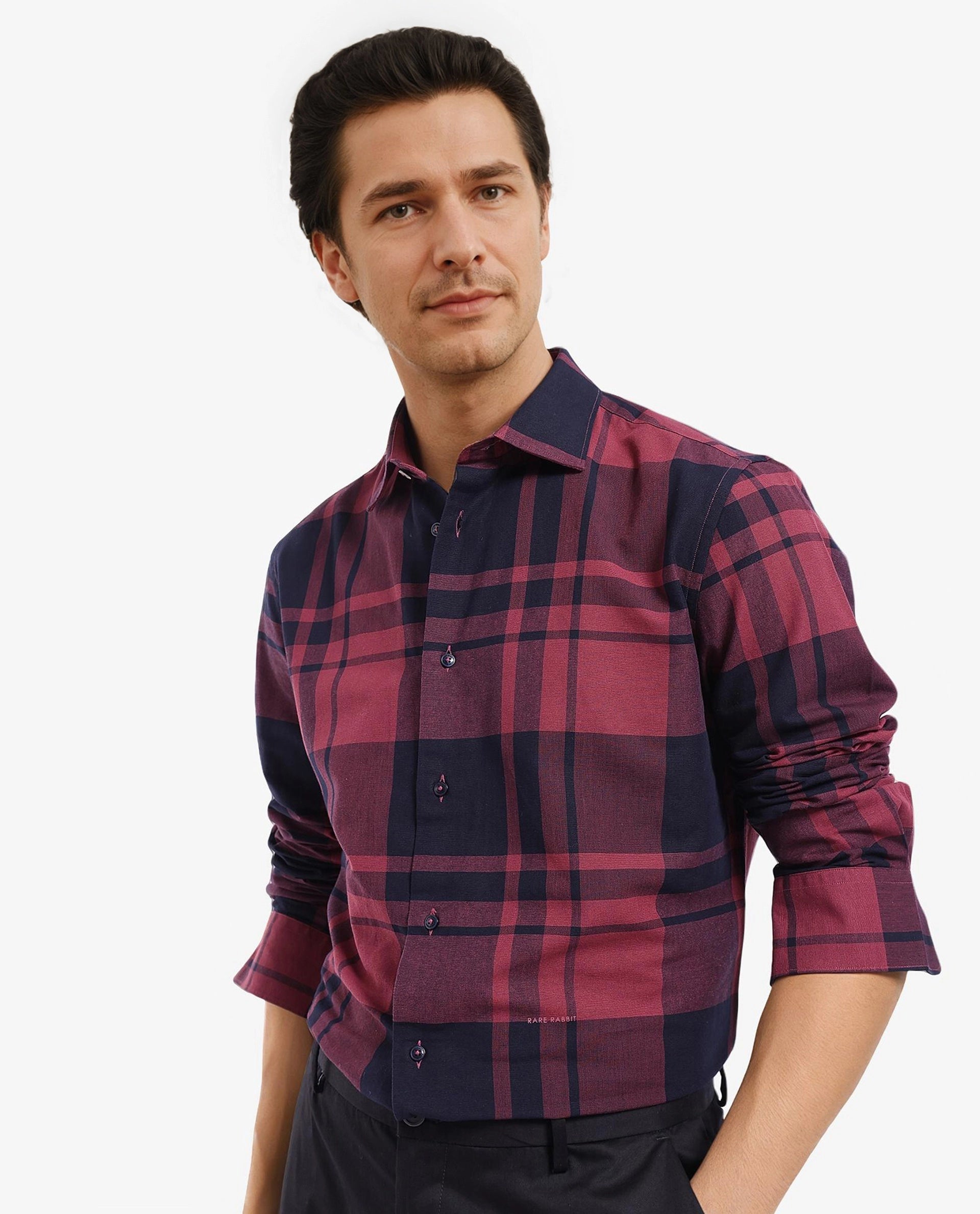 Rare Rabbit Men Planos Maroon Cotton Fabric Full Sleeve Regular Fit Checks Shirt