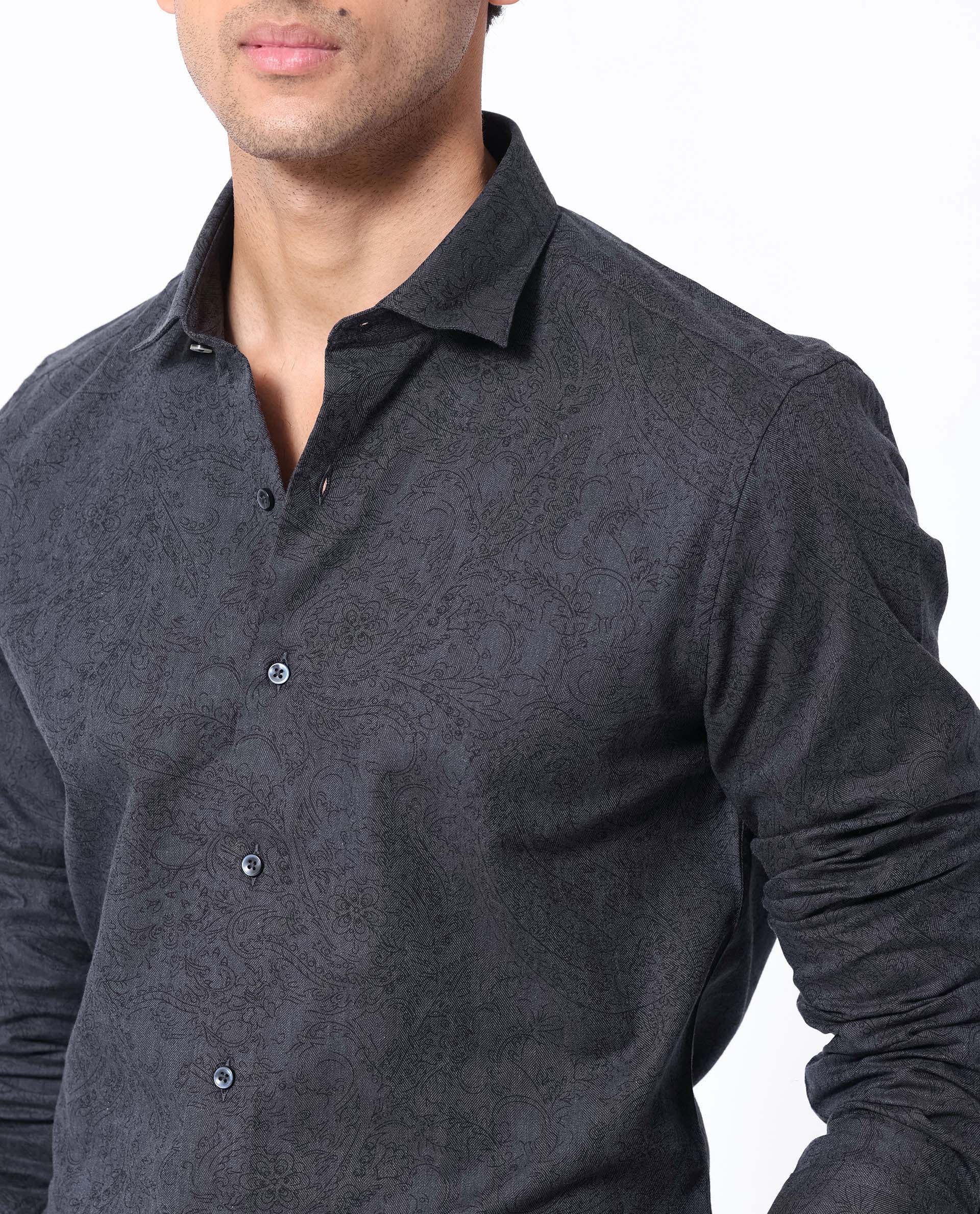 Rare Rabbit Men's Platim Navy Herringbone Fabric Full Sleeves Paisley Print Shirt