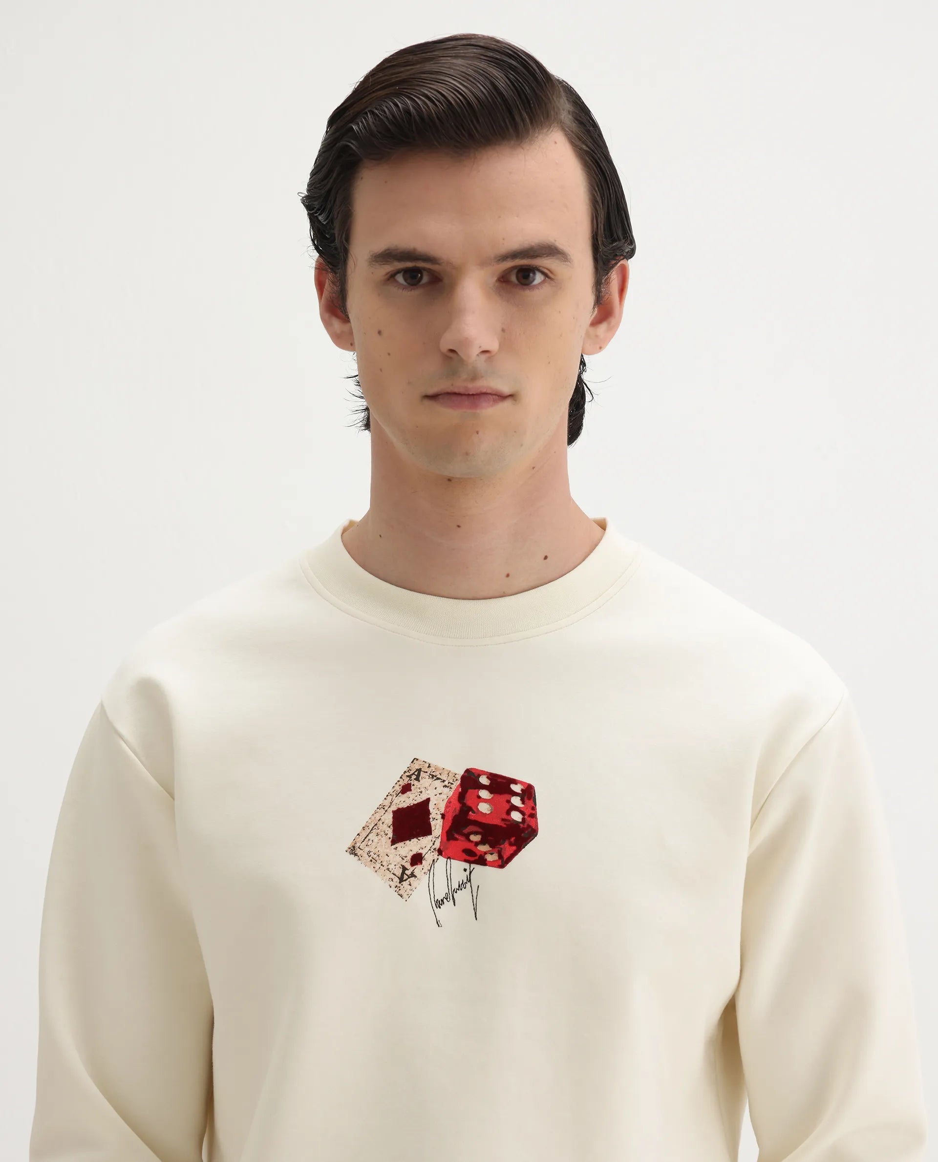 Rare Rabbit Men's Plex Off White Cotton Blend Graphic Print Relaxed Fit Full Sleeve Crew Neck Sweatshirt