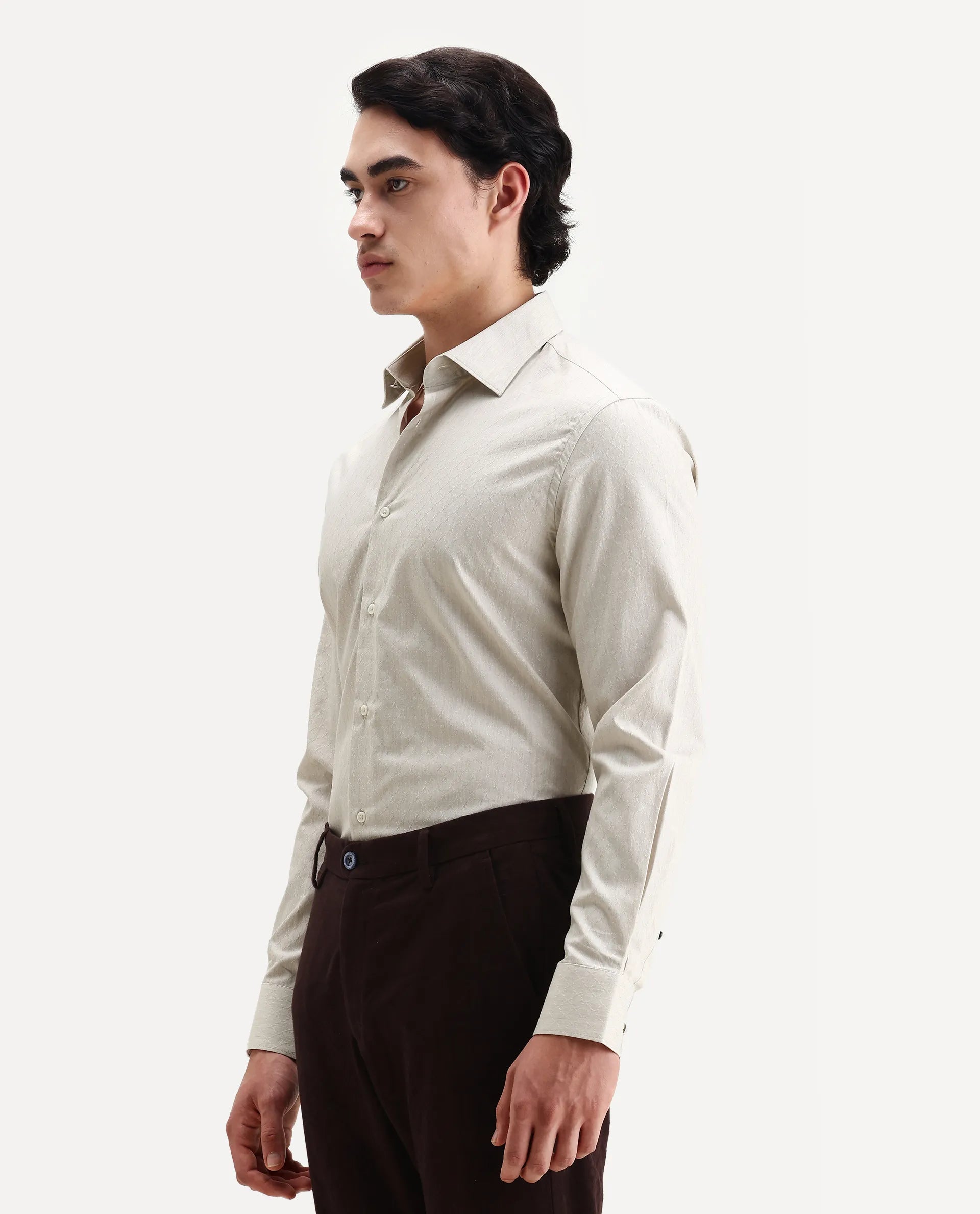 Rare Rabbit Men's Plib Beige Cotton Jacquard Regular Fit Full Sleeve Collared Shirt