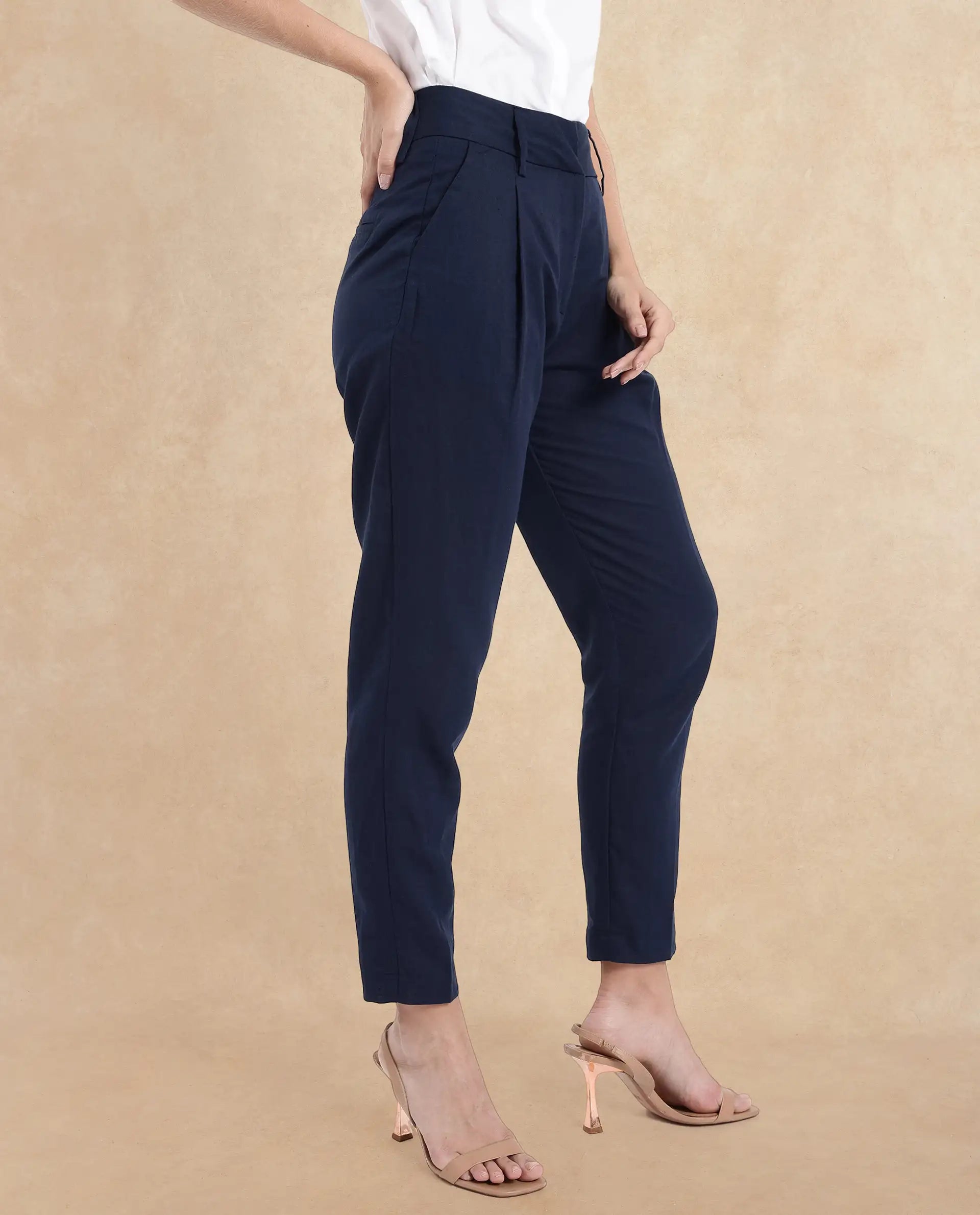 Rareism Women Plio Dark Navy Zipper Closure Tapered Fit Plain Ankle Length Trouser