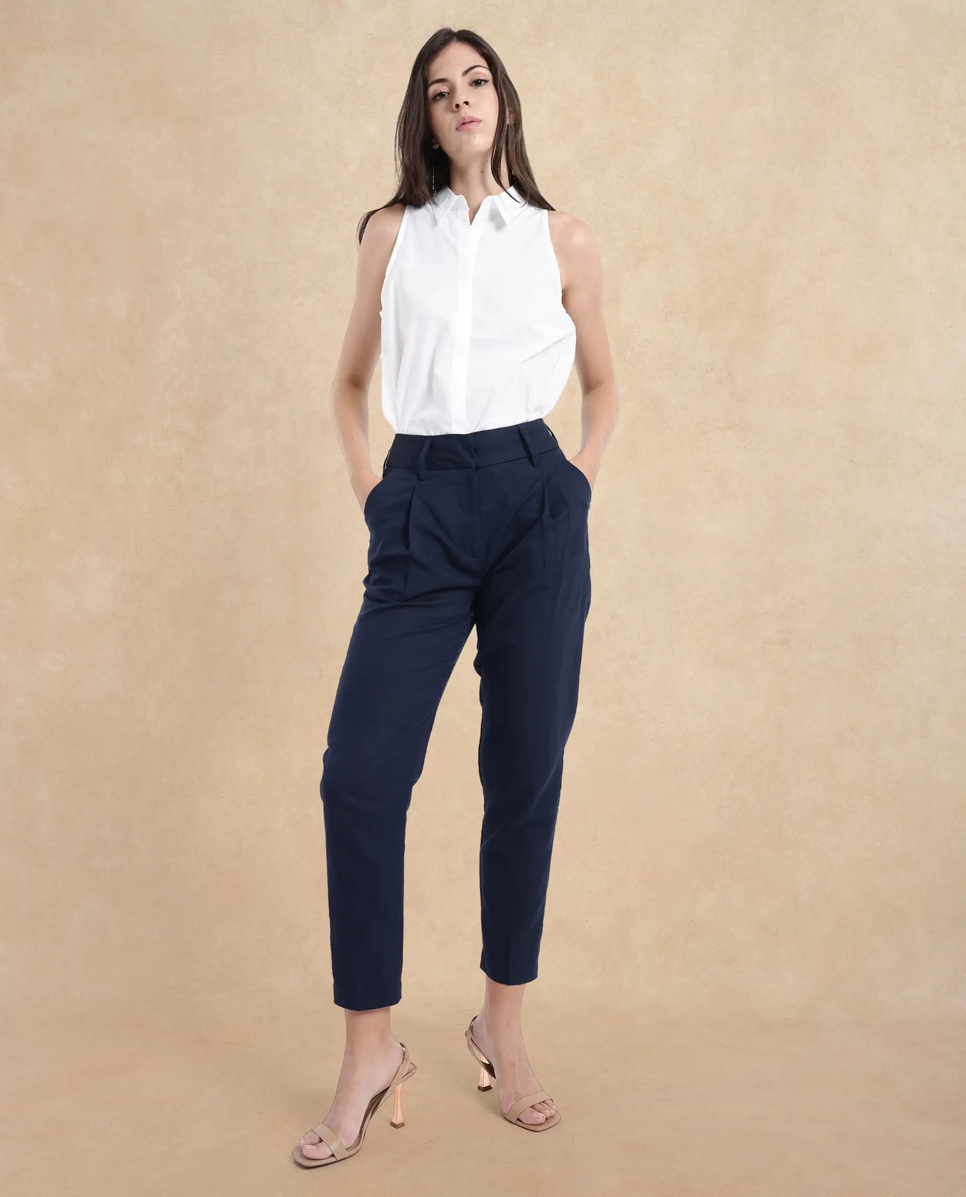 Rareism Women Plio Dark Navy Zipper Closure Tapered Fit Plain Ankle Length Trouser